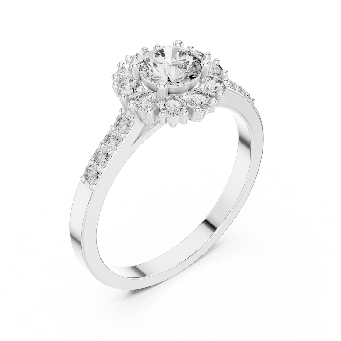 Halo gemstone ring with sparkling border.