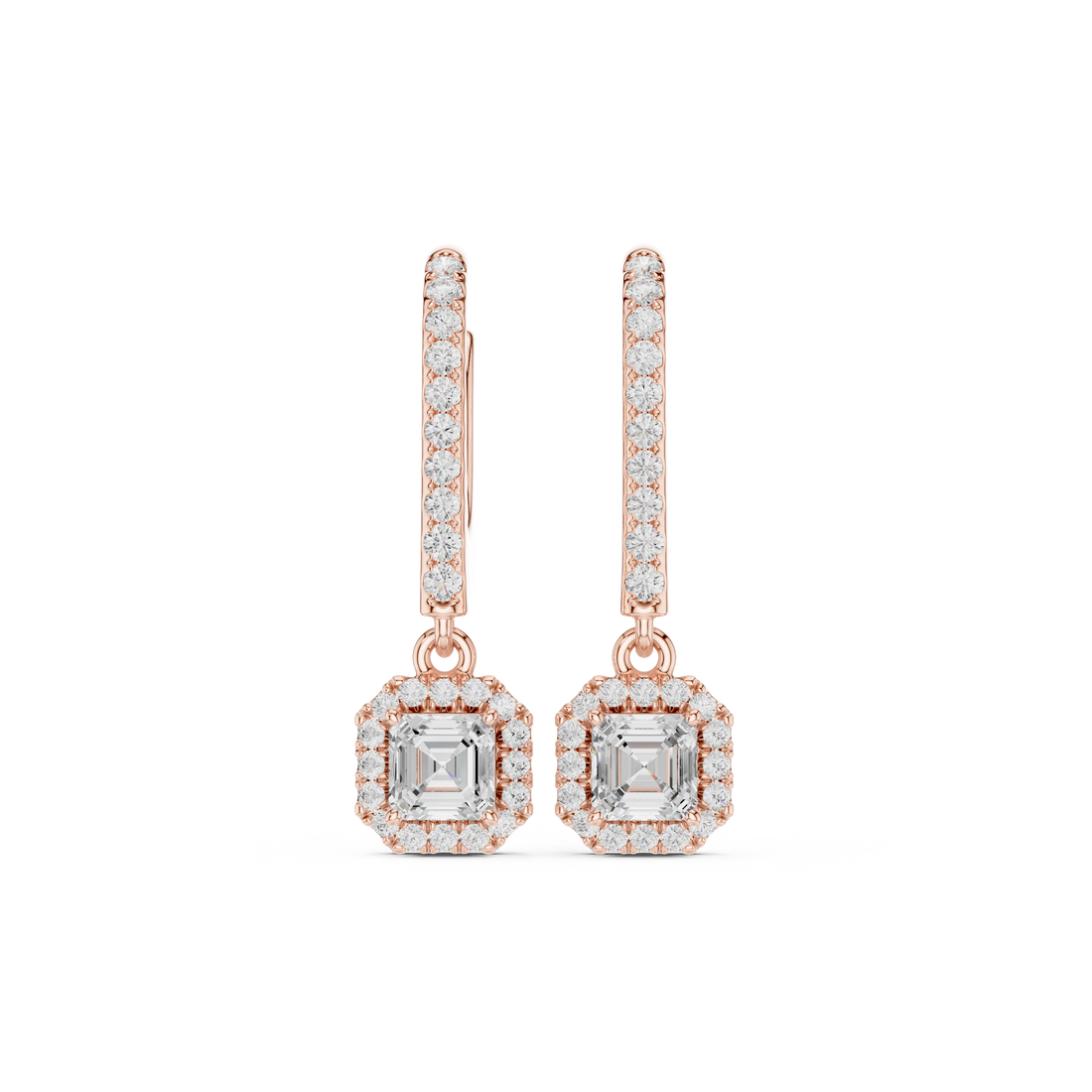 Asscher Cut Diamond Halo Drop Earrings with Pavé Diamond Bar