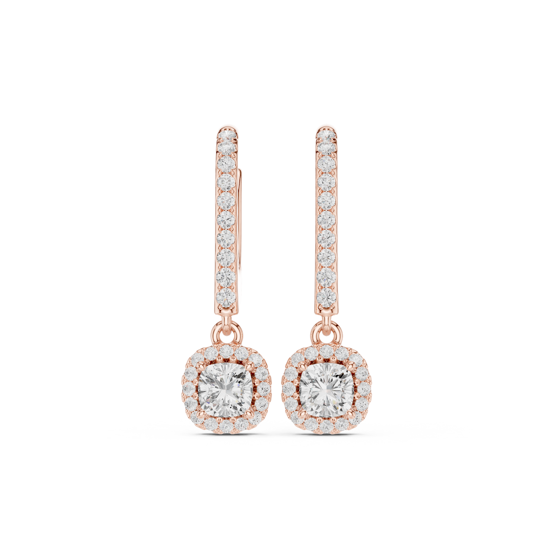 Cushion Cut Diamond Halo Drop Earrings with Pavé Diamond Bar