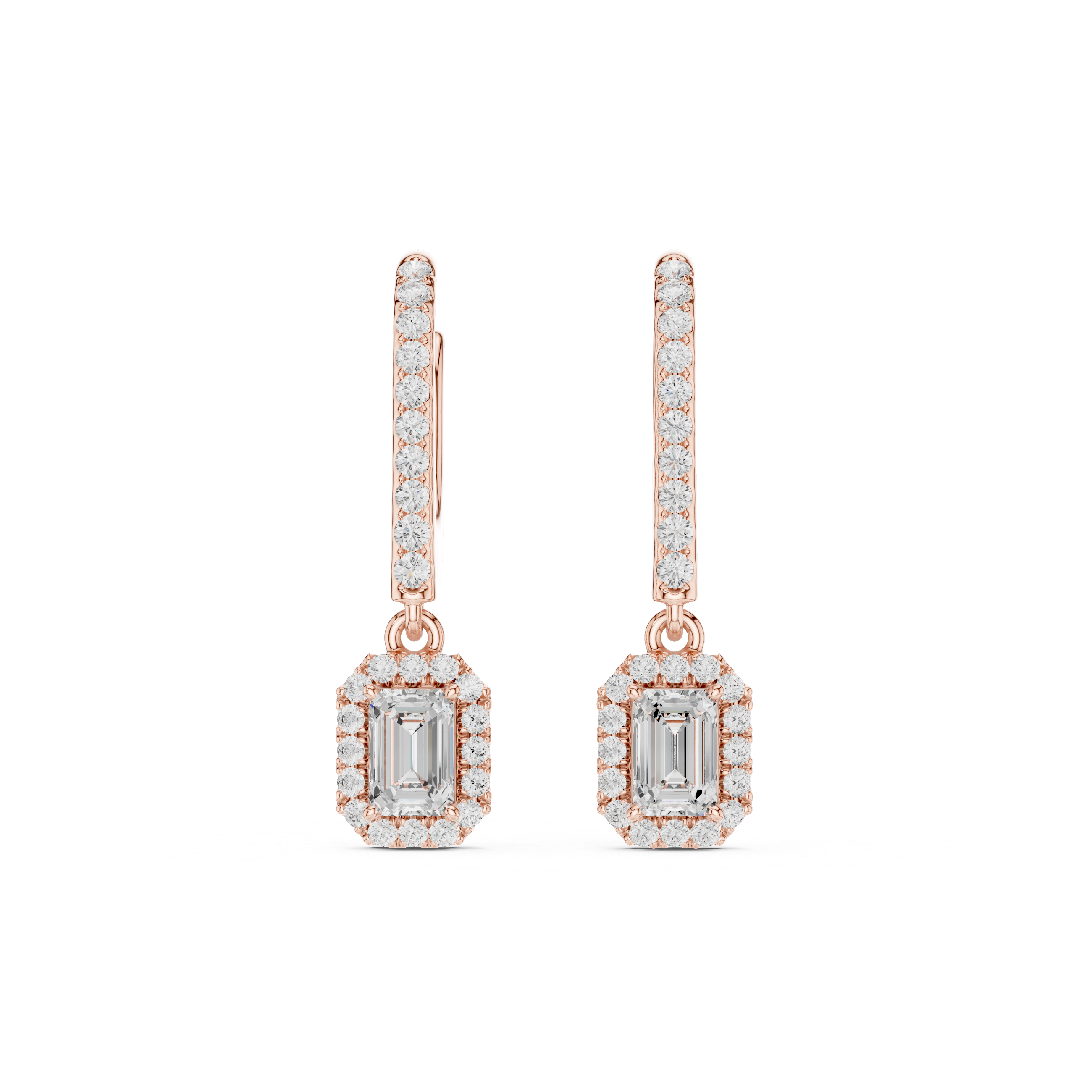 Emerald Cut Diamond Halo Drop Dangle Earrings