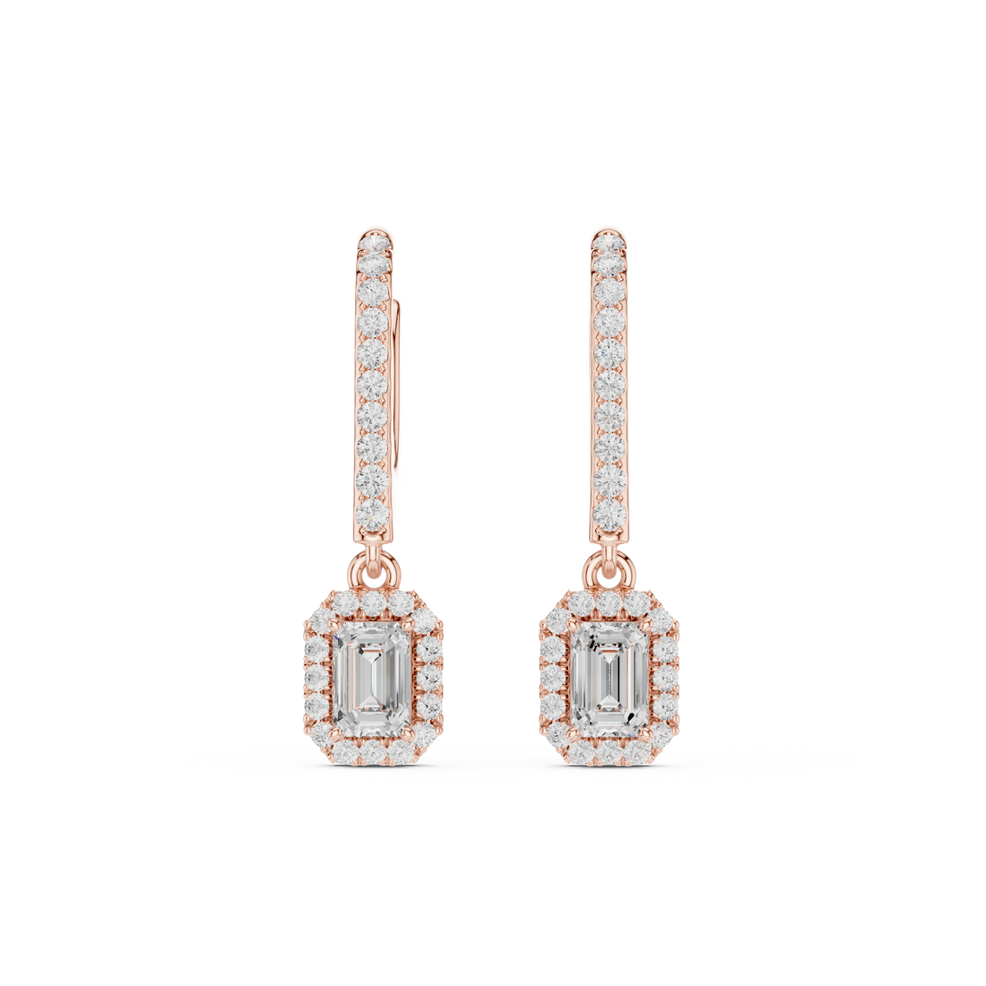 Emerald Cut Diamond Halo Drop Dangle Earrings