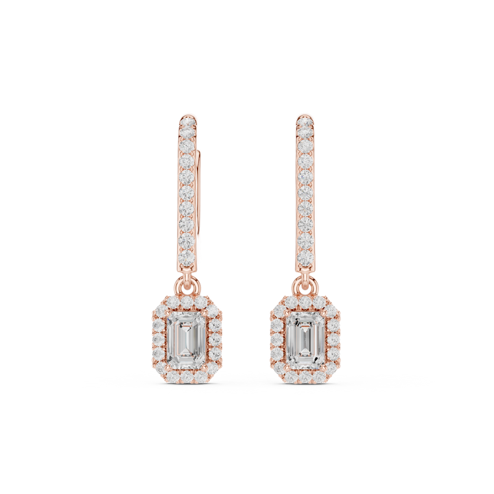Emerald Cut Diamond Halo Drop Dangle Earrings
