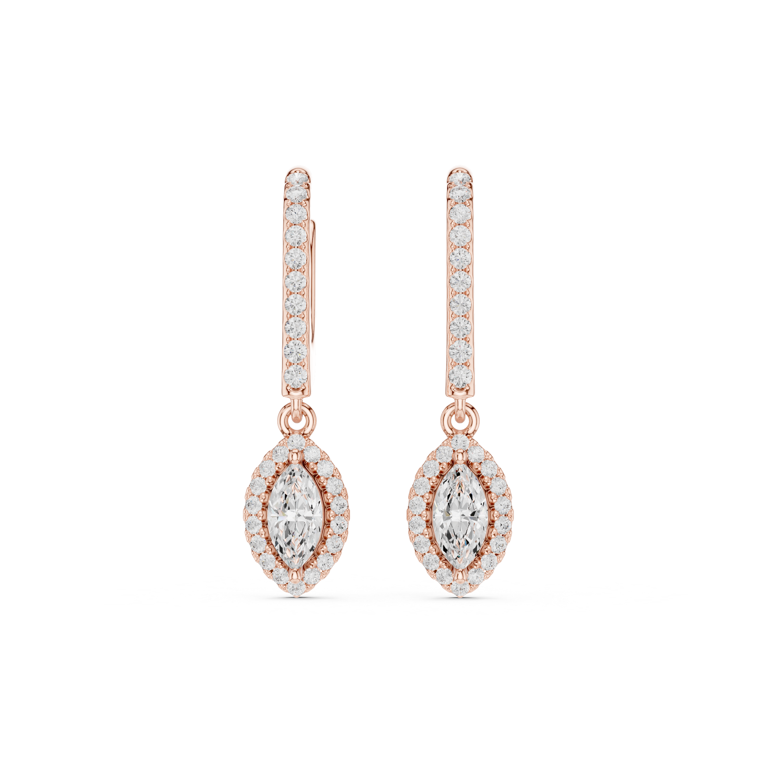Marquise Cut Diamond Halo Drop Earrings with Pavé Diamond Bar