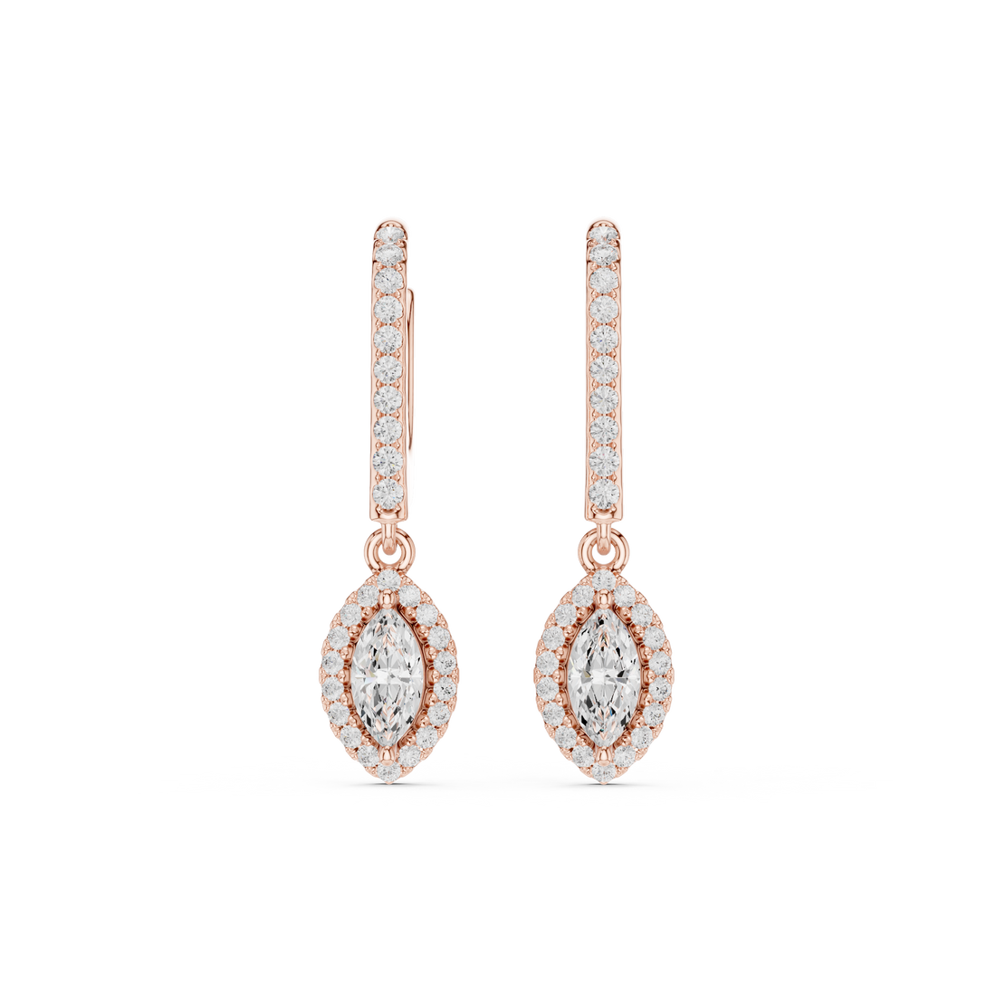 Marquise Cut Diamond Halo Drop Earrings with Pavé Diamond Bar