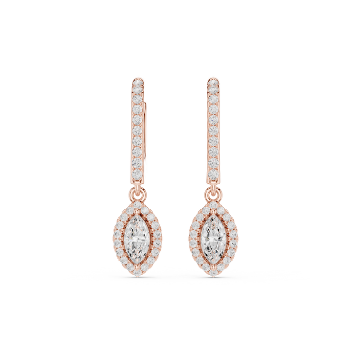 Marquise Cut Diamond Halo Drop Earrings with Pavé Diamond Bar