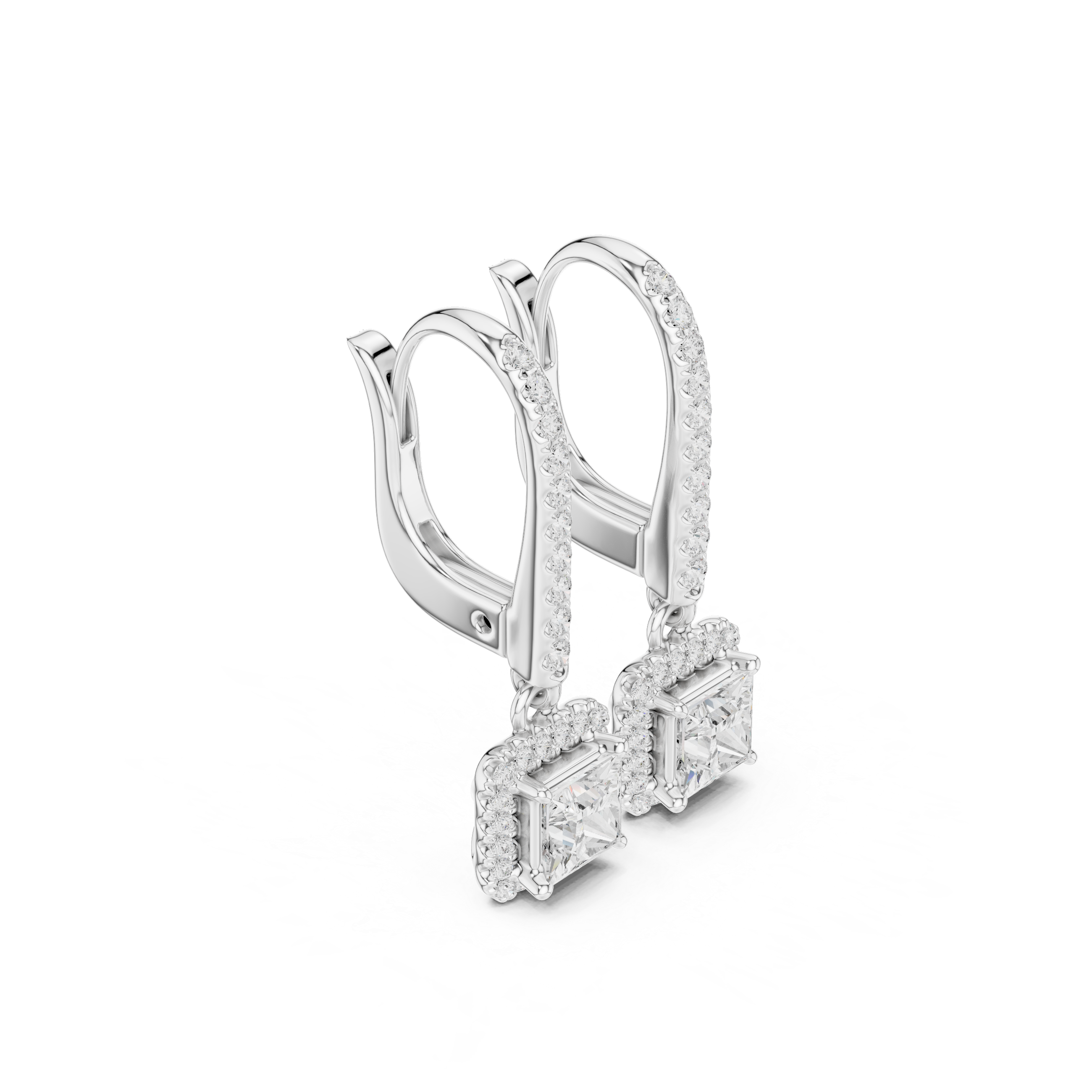 Princess Cut Diamond Halo Drop Earrings with Pavé Diamond Bar