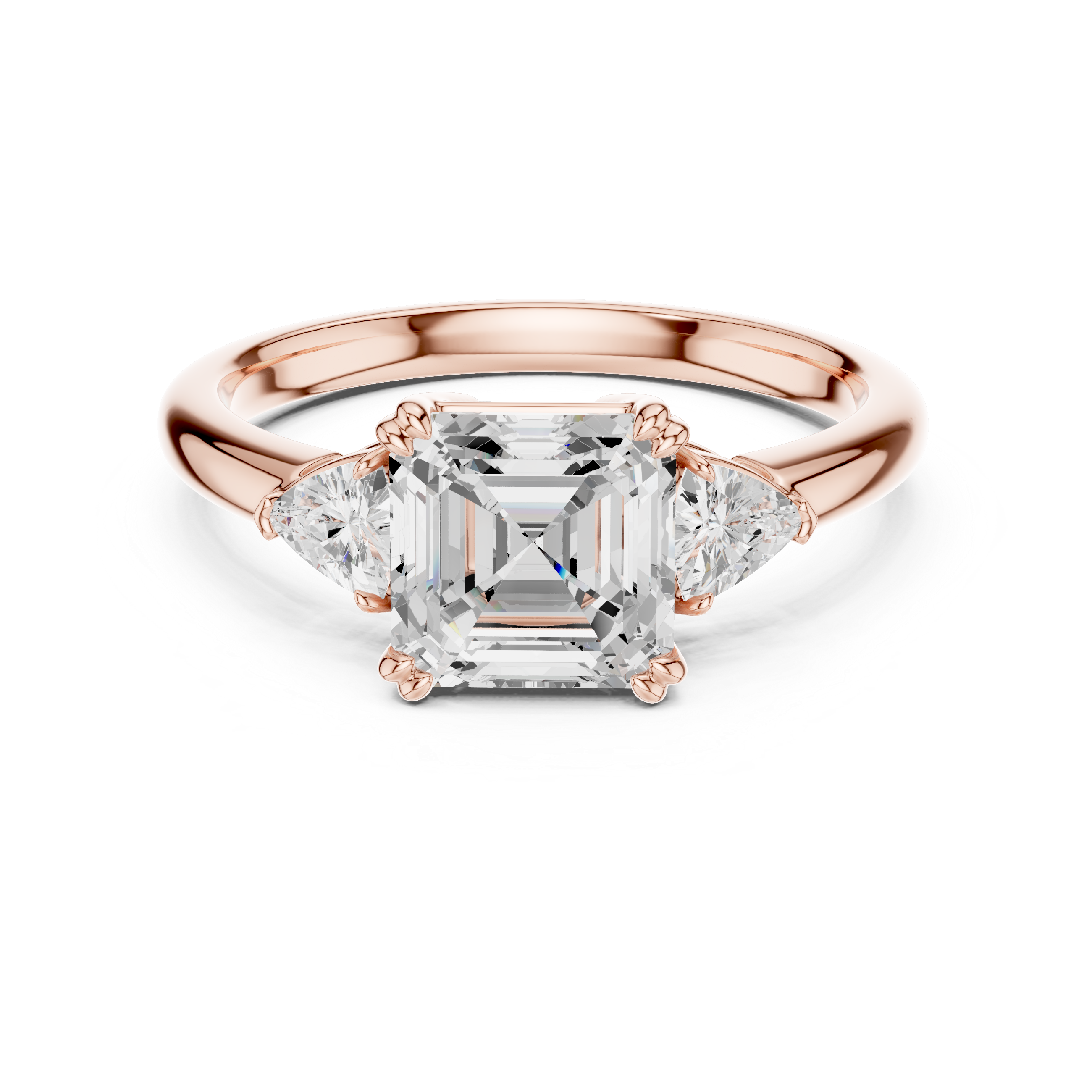 Sparkling Asscher Cut Diamond Three Stone Engagement Ring with Trillion Side Diamonds close-up accent detail