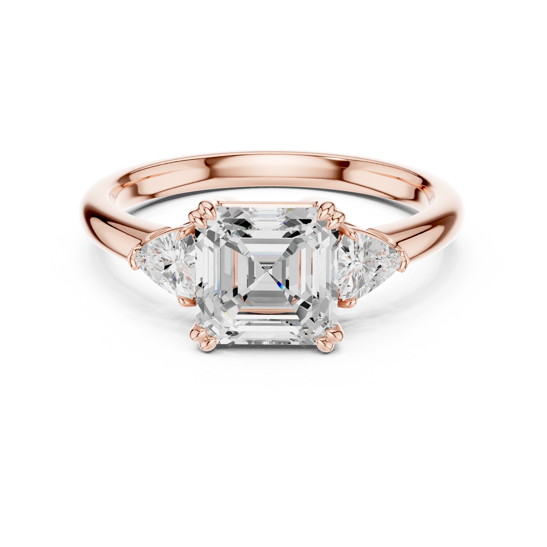 Sparkling Asscher Cut Diamond Three Stone Engagement Ring with Trillion Side Diamonds close-up accent detail