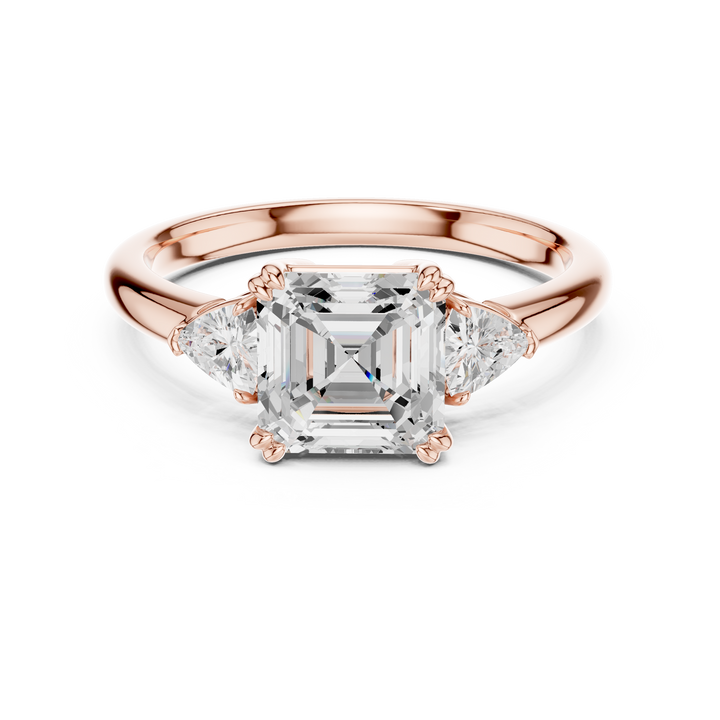Sparkling Asscher Cut Diamond Three Stone Engagement Ring with Trillion Side Diamonds close-up accent detail