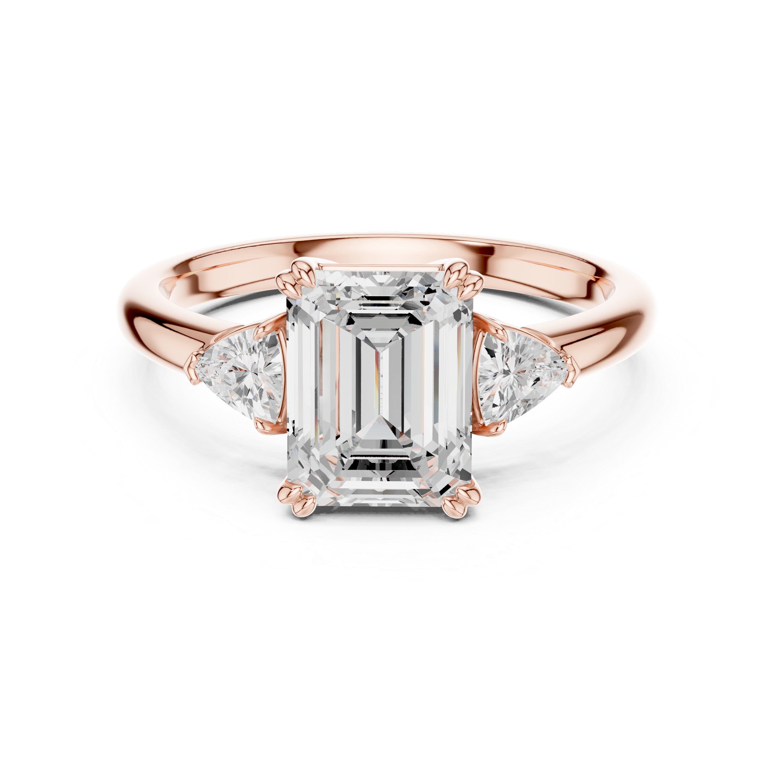 Sparkling Emerald Cut Diamond Three Stone Engagement Ring with Trillion Side Diamonds close-up accent detail