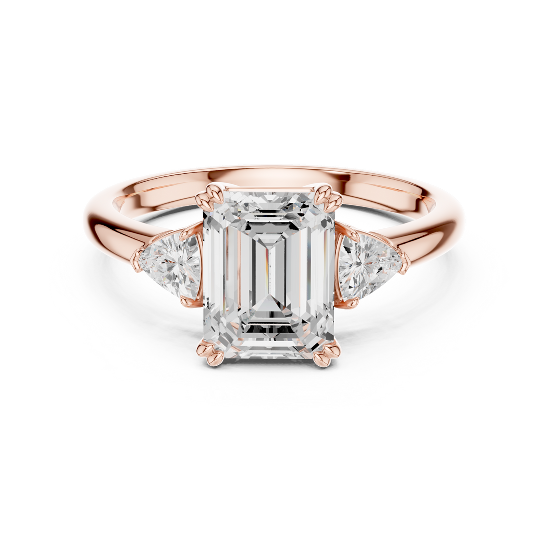 Sparkling Emerald Cut Diamond Three Stone Engagement Ring with Trillion Side Diamonds close-up accent detail