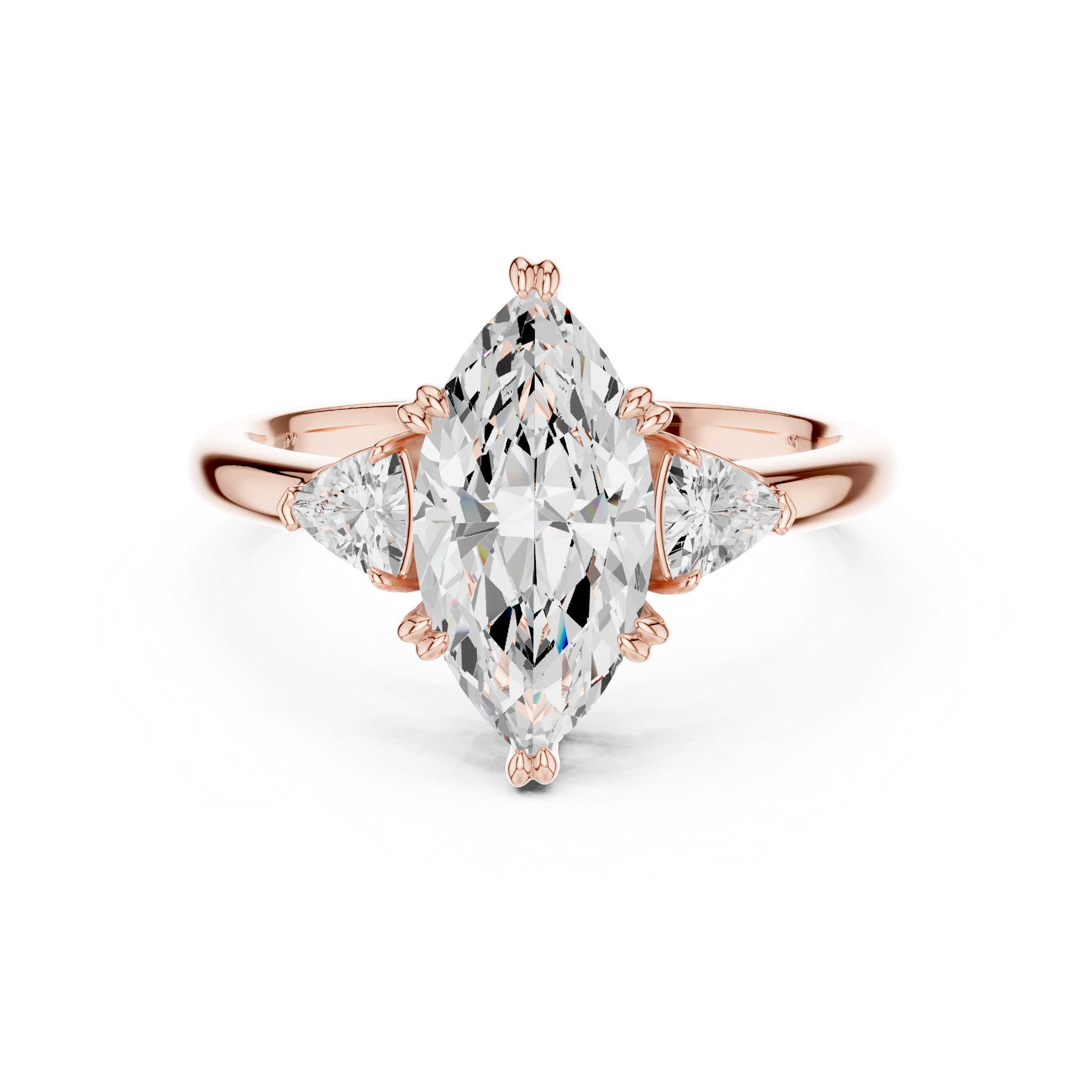 Sparkling Marquise Cut Diamond Three Stone Ring with Trillion Side Diamonds close-up accent detail