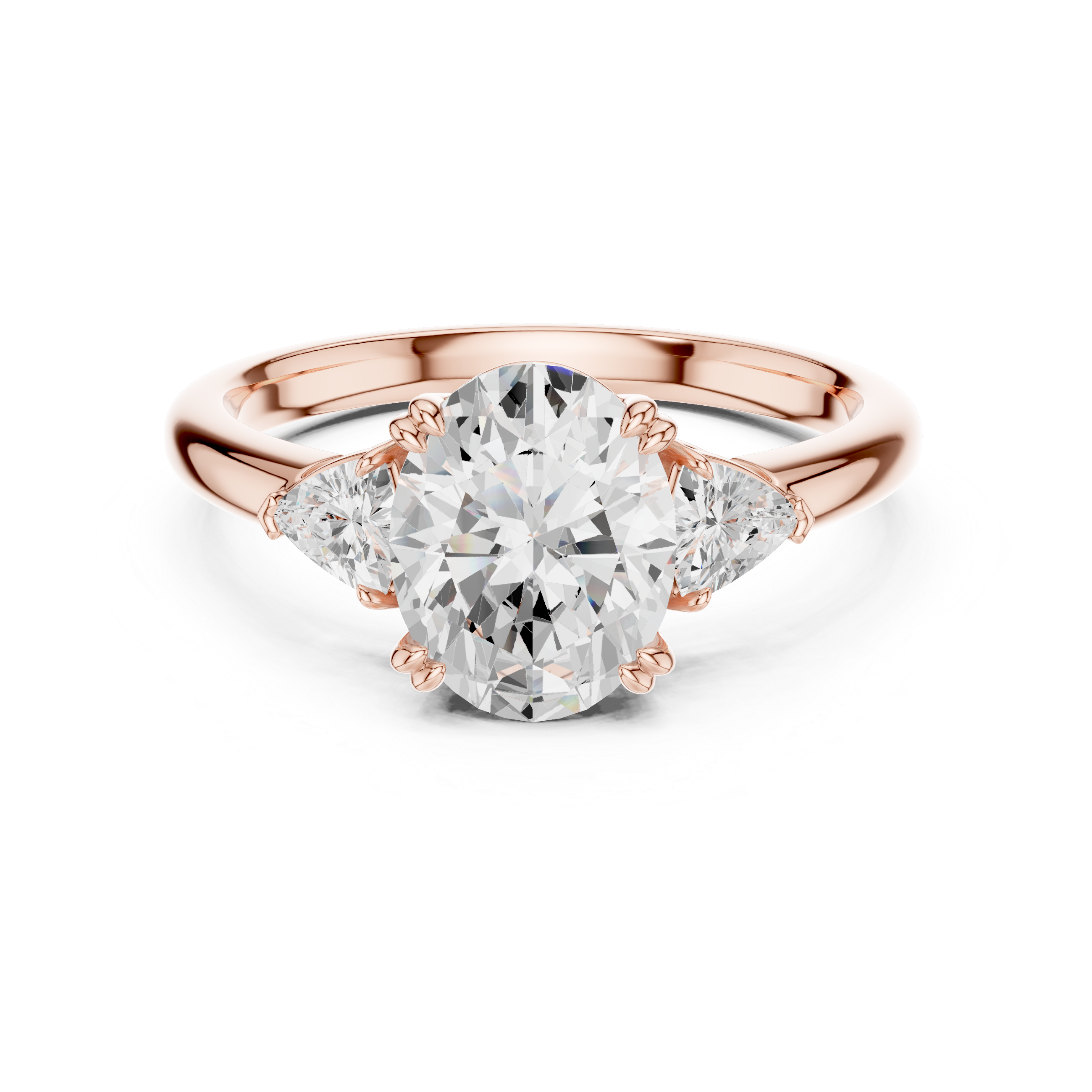 Sparkling Oval Cut Diamond Three Stone Engagement Ring with Trillion Side Diamonds close-up accent detail