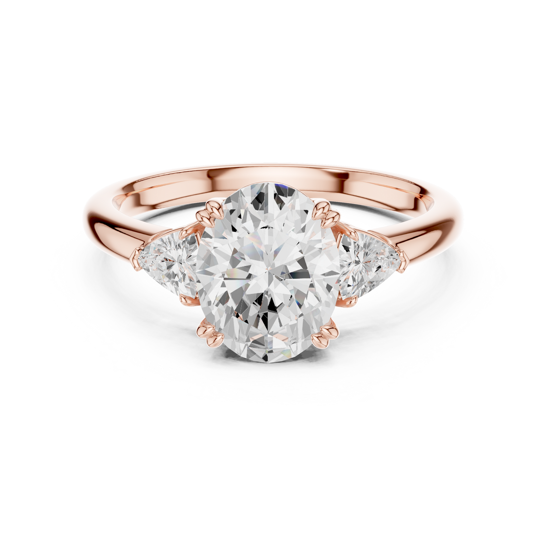 Sparkling Oval Cut Diamond Three Stone Engagement Ring with Trillion Side Diamonds close-up accent detail