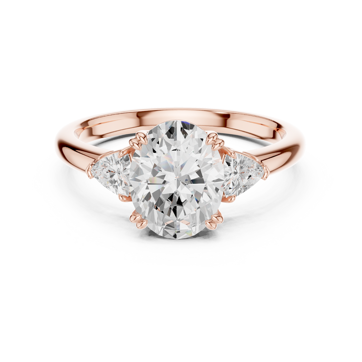 Sparkling Oval Cut Diamond Three Stone Engagement Ring with Trillion Side Diamonds close-up accent detail
