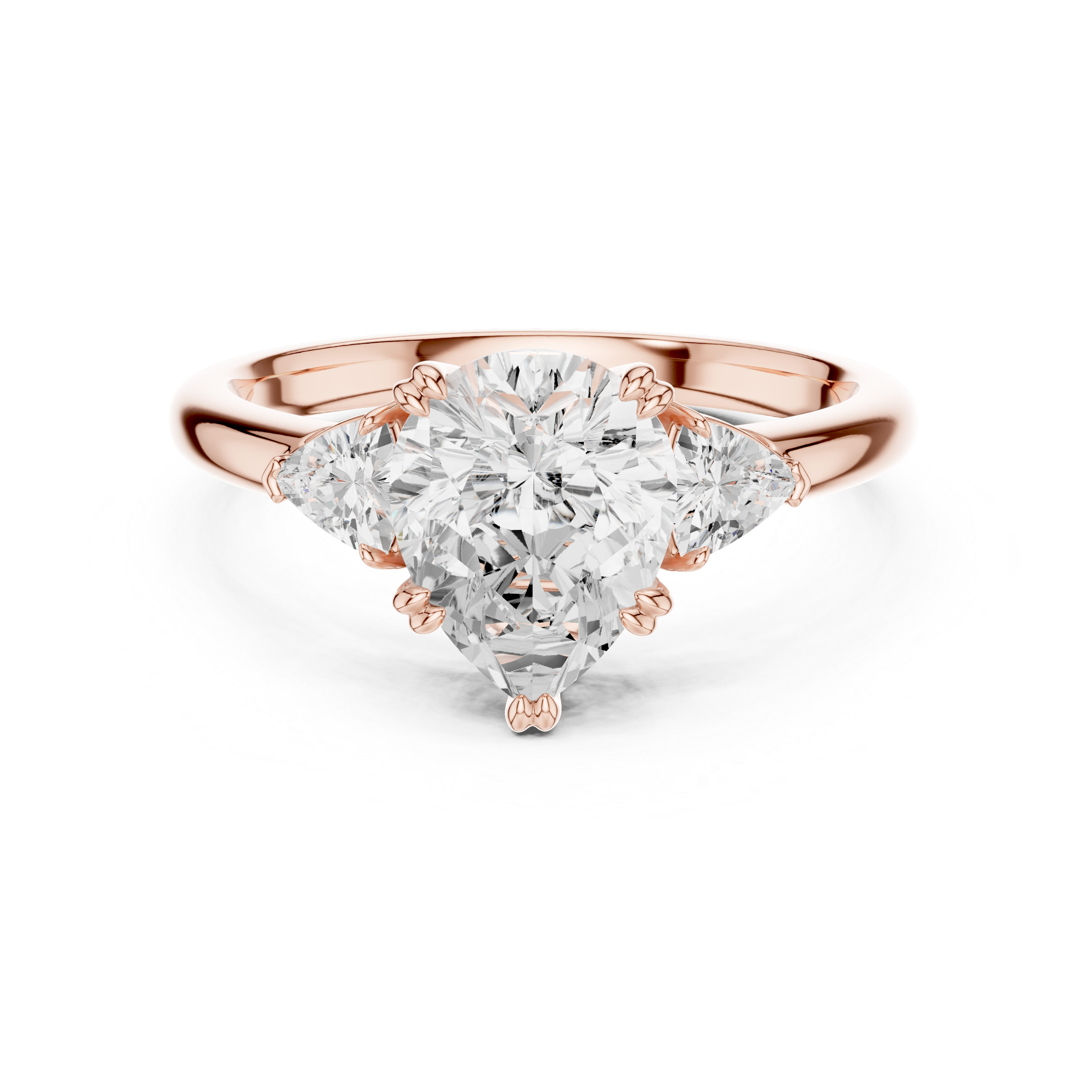 Sparkling Pear Cut Diamond Three Stone Engagement Ring with Trillion Side Diamonds close-up accent detail