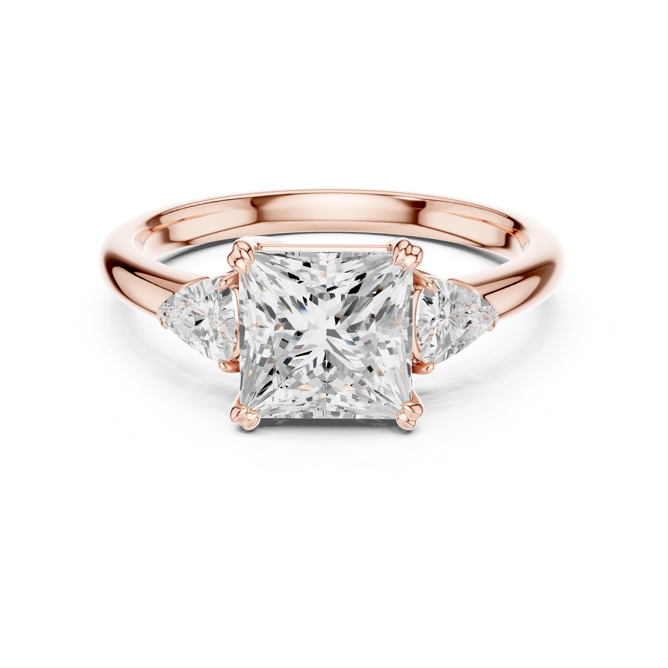 Sparkling Princess Cut Diamond Three Stone Engagement Ring with Trillion Side Diamonds close-up accent detail