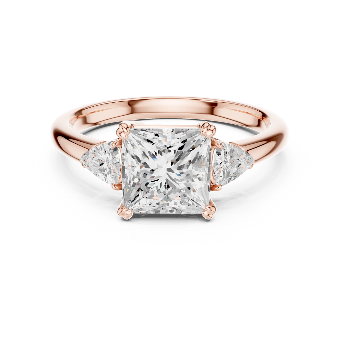 Sparkling Princess Cut Diamond Three Stone Engagement Ring with Trillion Side Diamonds close-up accent detail