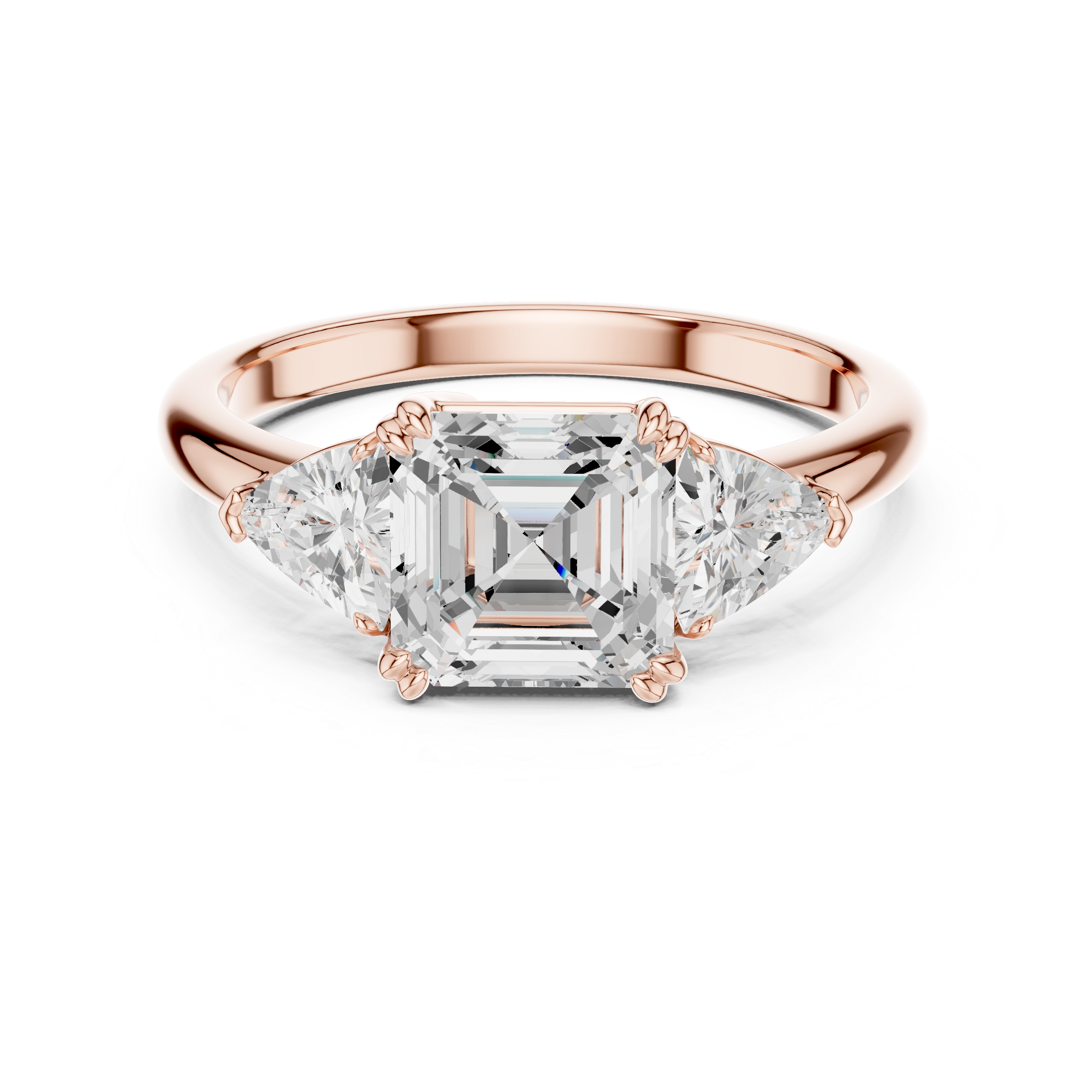 Sparkling Asscher Cut Diamond Three Stone Engagement Ring with Trillion Side Diamonds close-up accent detail