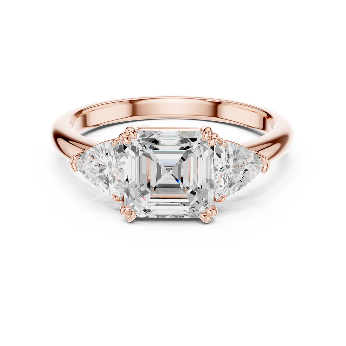 Sparkling Asscher Cut Diamond Three Stone Engagement Ring with Trillion Side Diamonds close-up accent detail