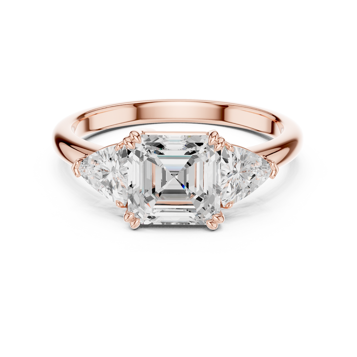Sparkling Asscher Cut Diamond Three Stone Engagement Ring with Trillion Side Diamonds close-up accent detail