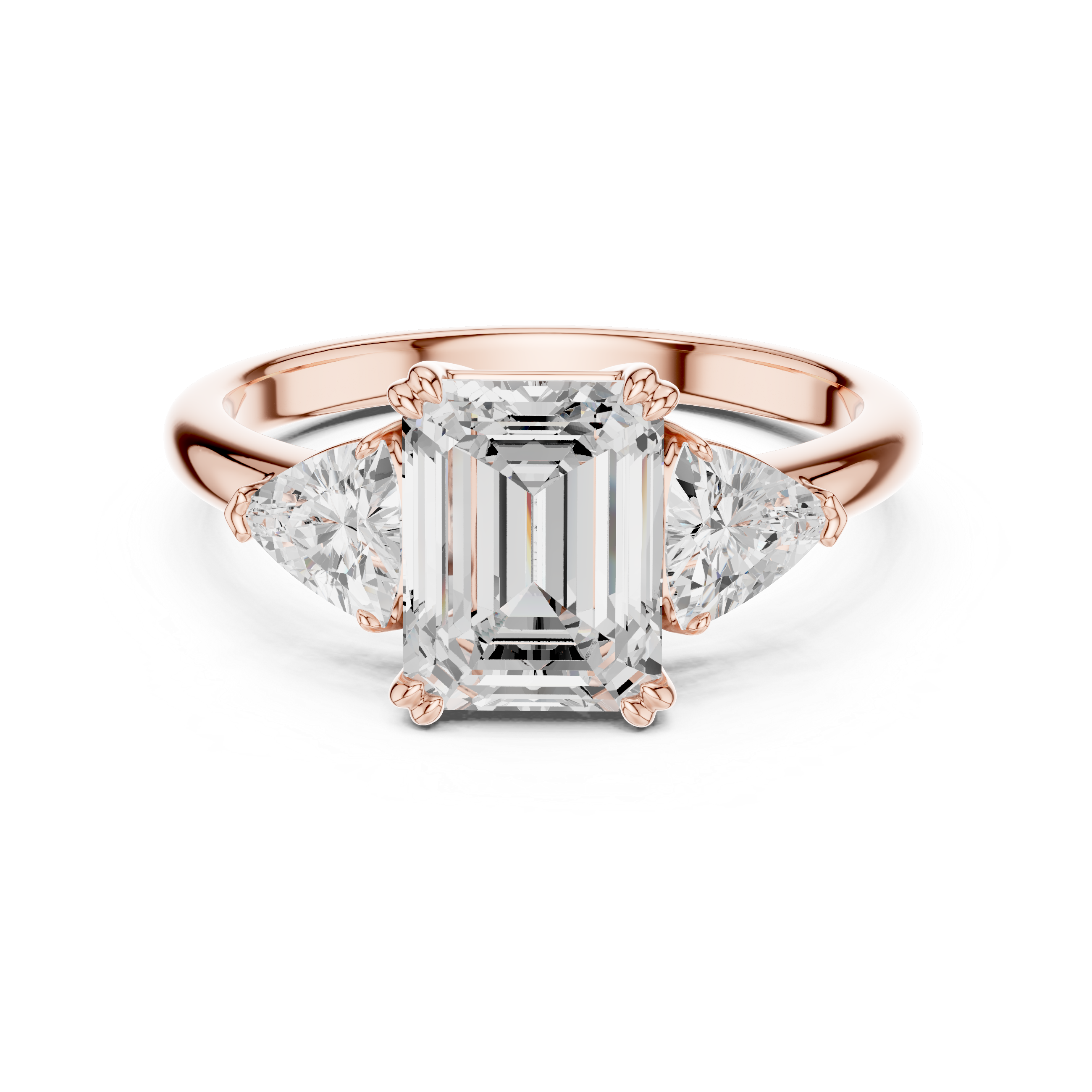 Timeless Emerald Cut Diamond Three Stone Engagement Ring with Trillion Side Diamonds accent stones classic look