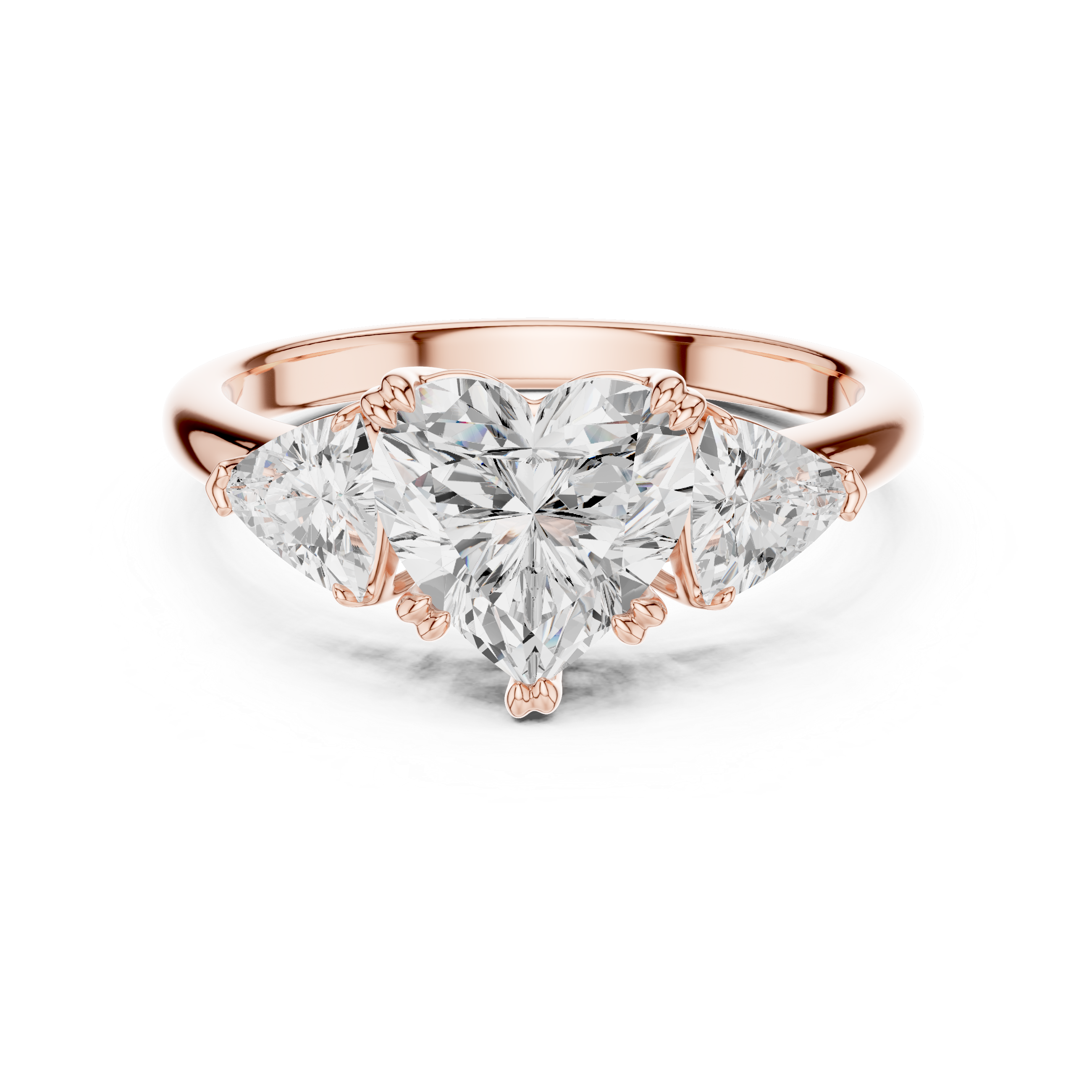 Sparkling Heart Cut Diamond Three Stone Engagement Ring with Trillion Side Diamonds close-up accent detail