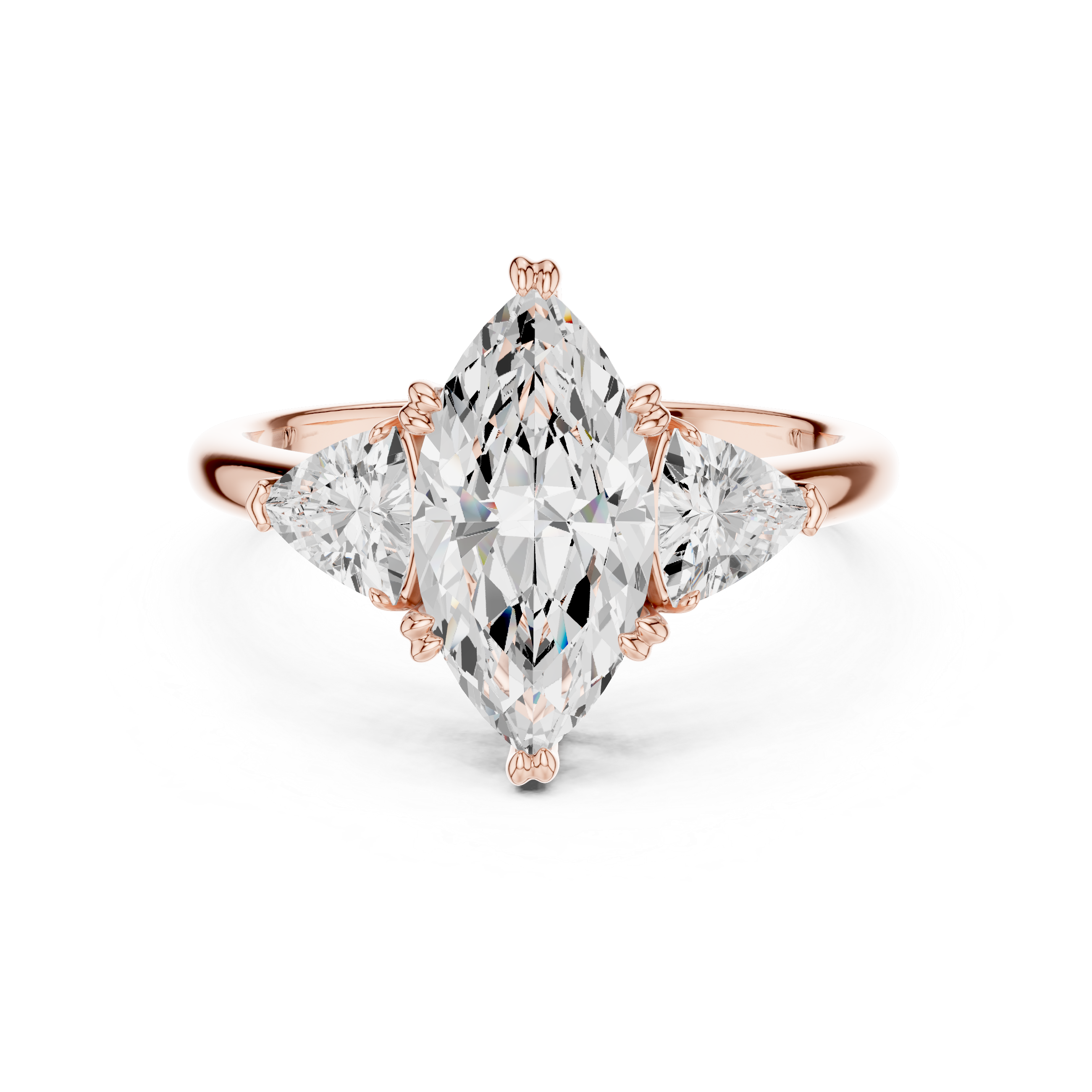 Sparkling Marquise Cut Diamond Three Stone Ring with Trillion Side Diamonds close-up accent detail