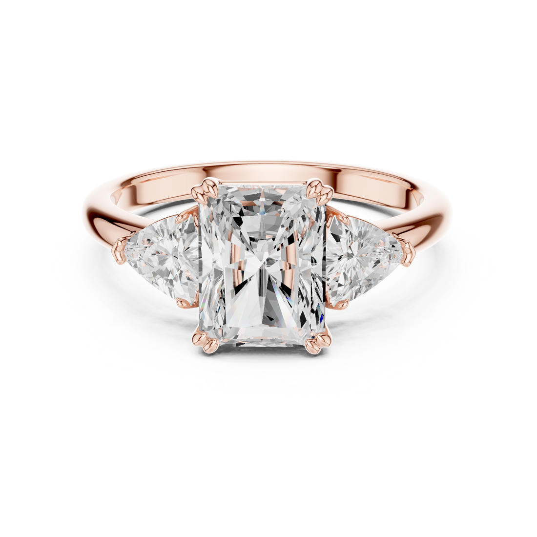Timeless Radiant Cut Diamond Three Stone Ring with Trillion Side Diamonds accent stones classic look