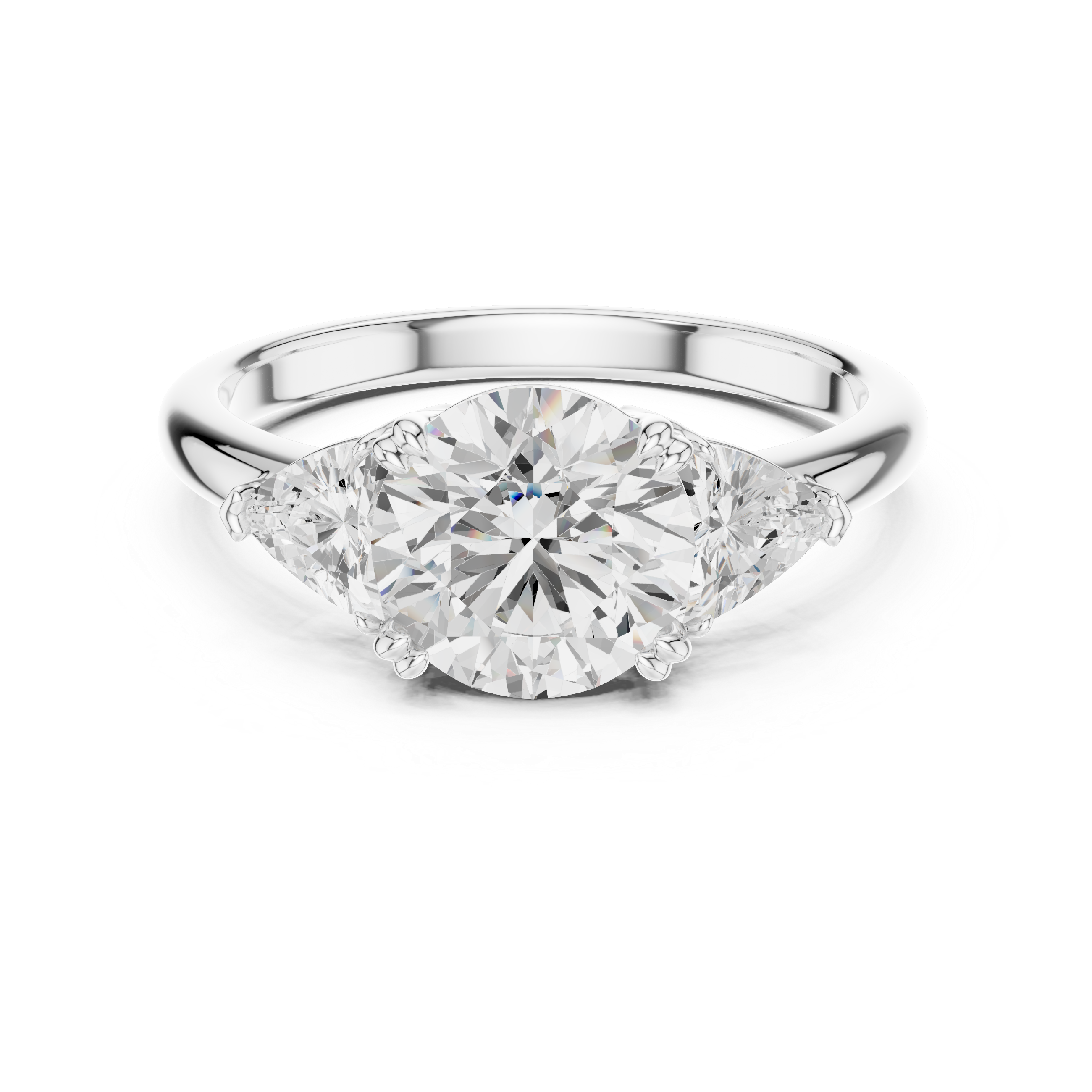 Round Cut Diamond Three Stone Engagement Ring with Trillion Side Diamonds