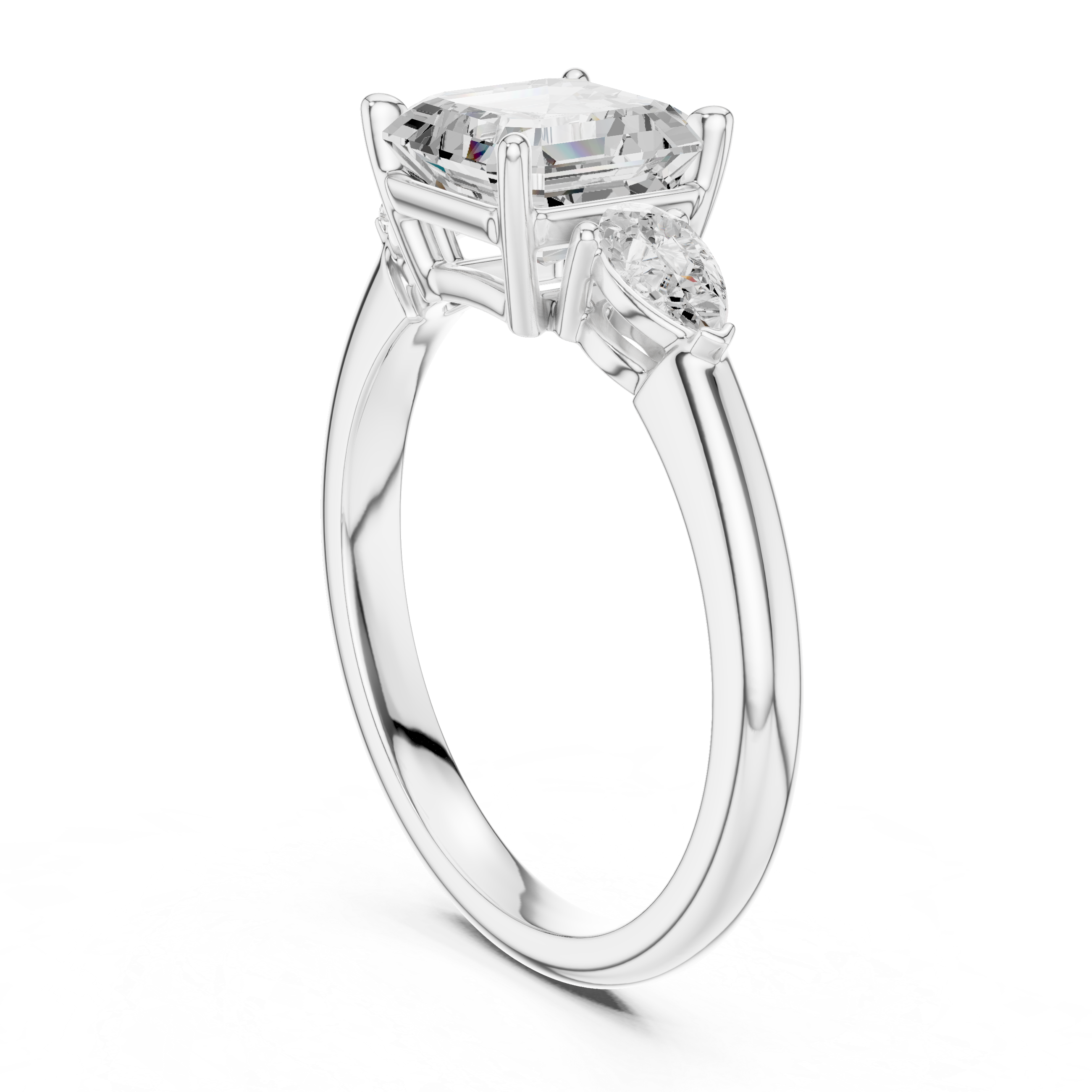 Asscher Cut Diamond Three Stone Engagement Ring with Pear Side Diamonds