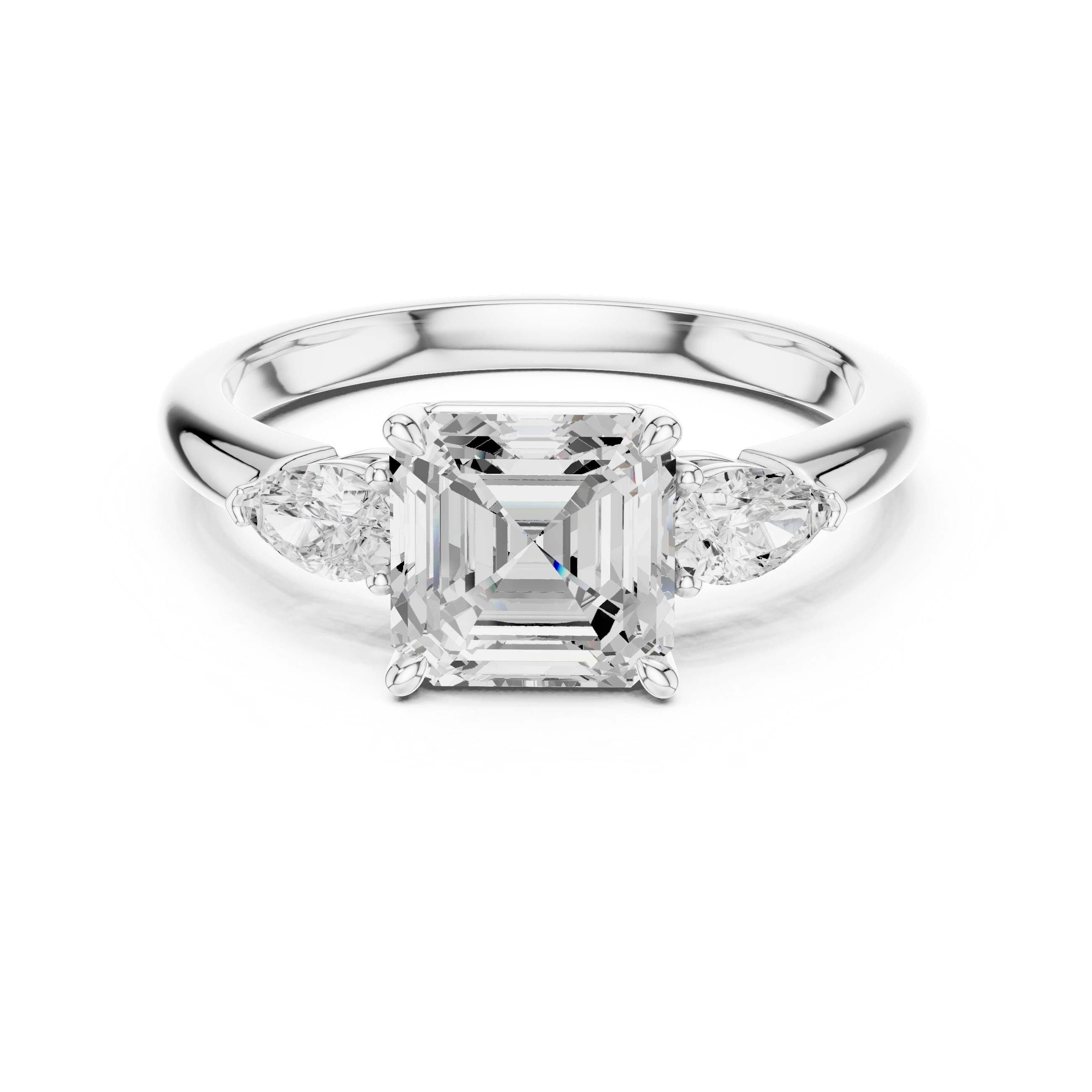 Asscher Cut Diamond Three Stone Engagement Ring with Pear Side Diamonds