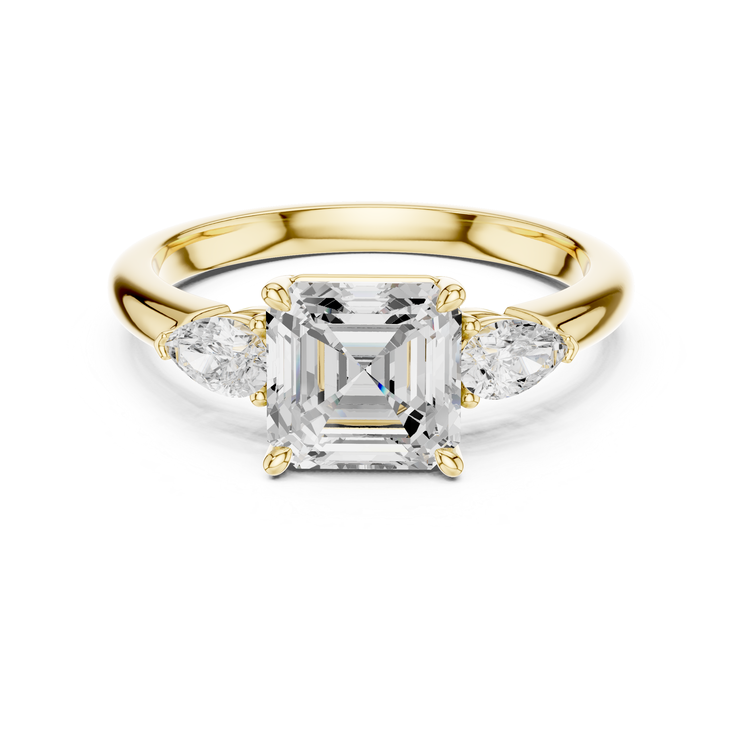 Asscher Cut Diamond Three Stone Engagement Ring with Pear Side Diamonds