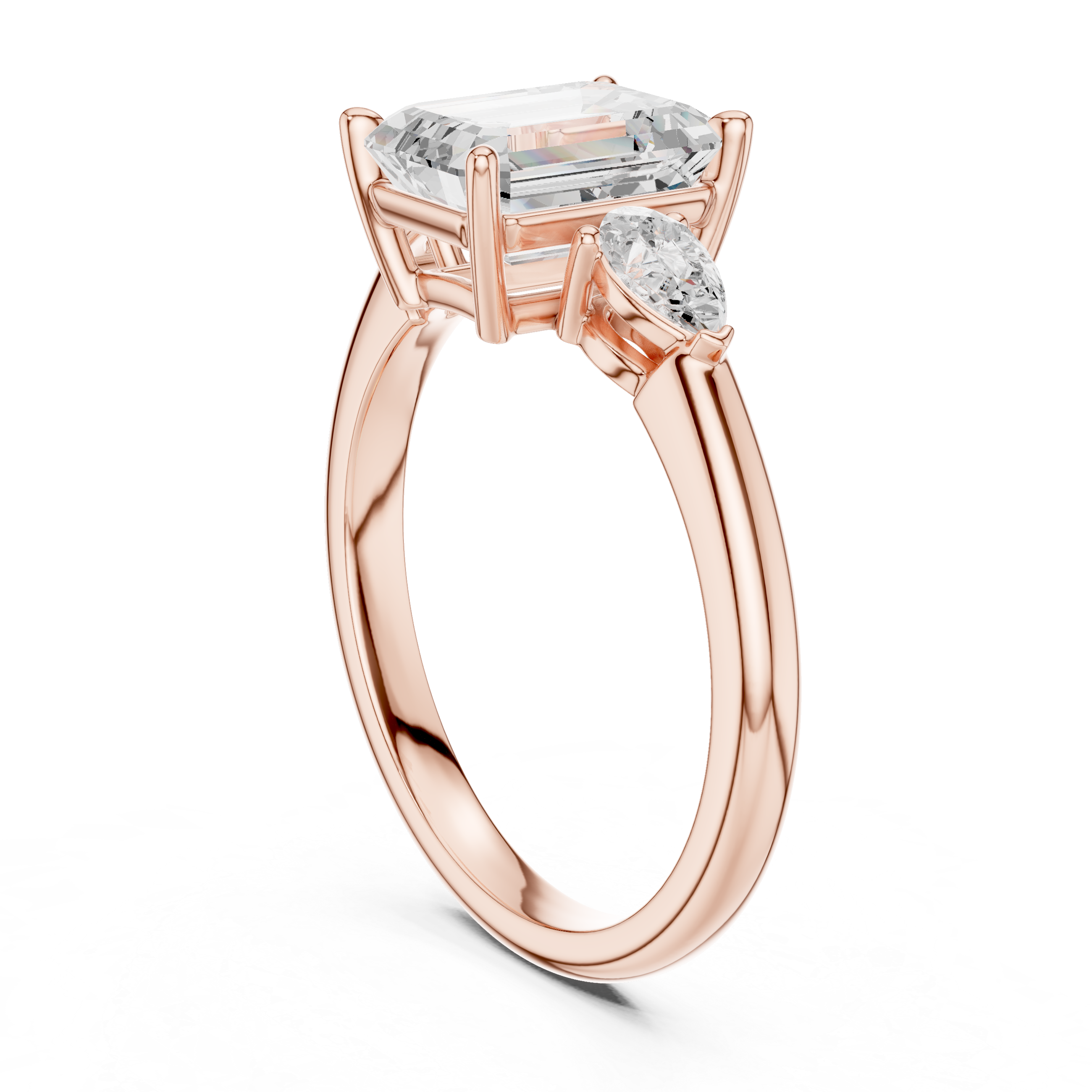 Emerald Cut Diamond Three Stone Ring with Pear Side Diamonds