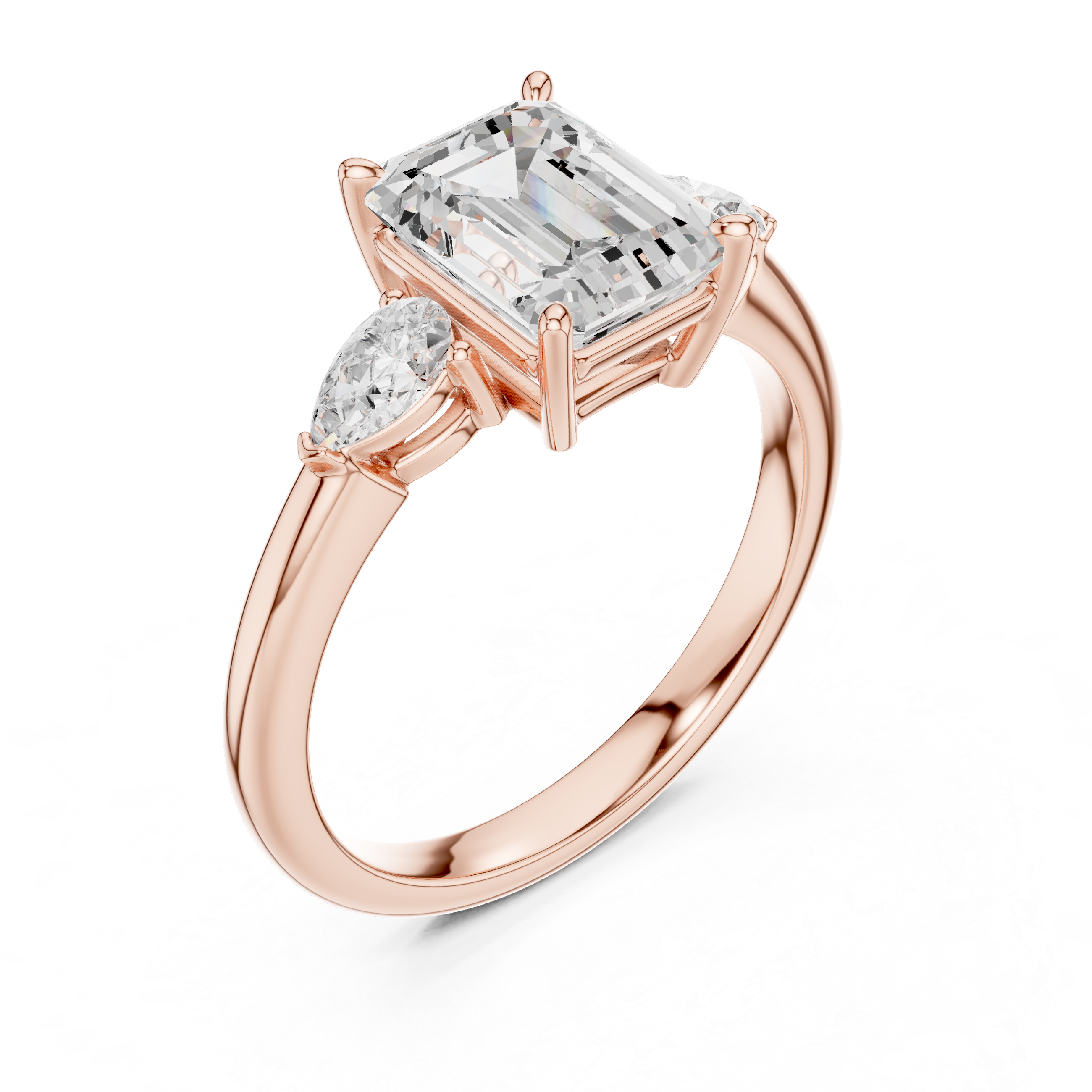 Emerald Cut Diamond Three Stone Ring with Pear Side Diamonds