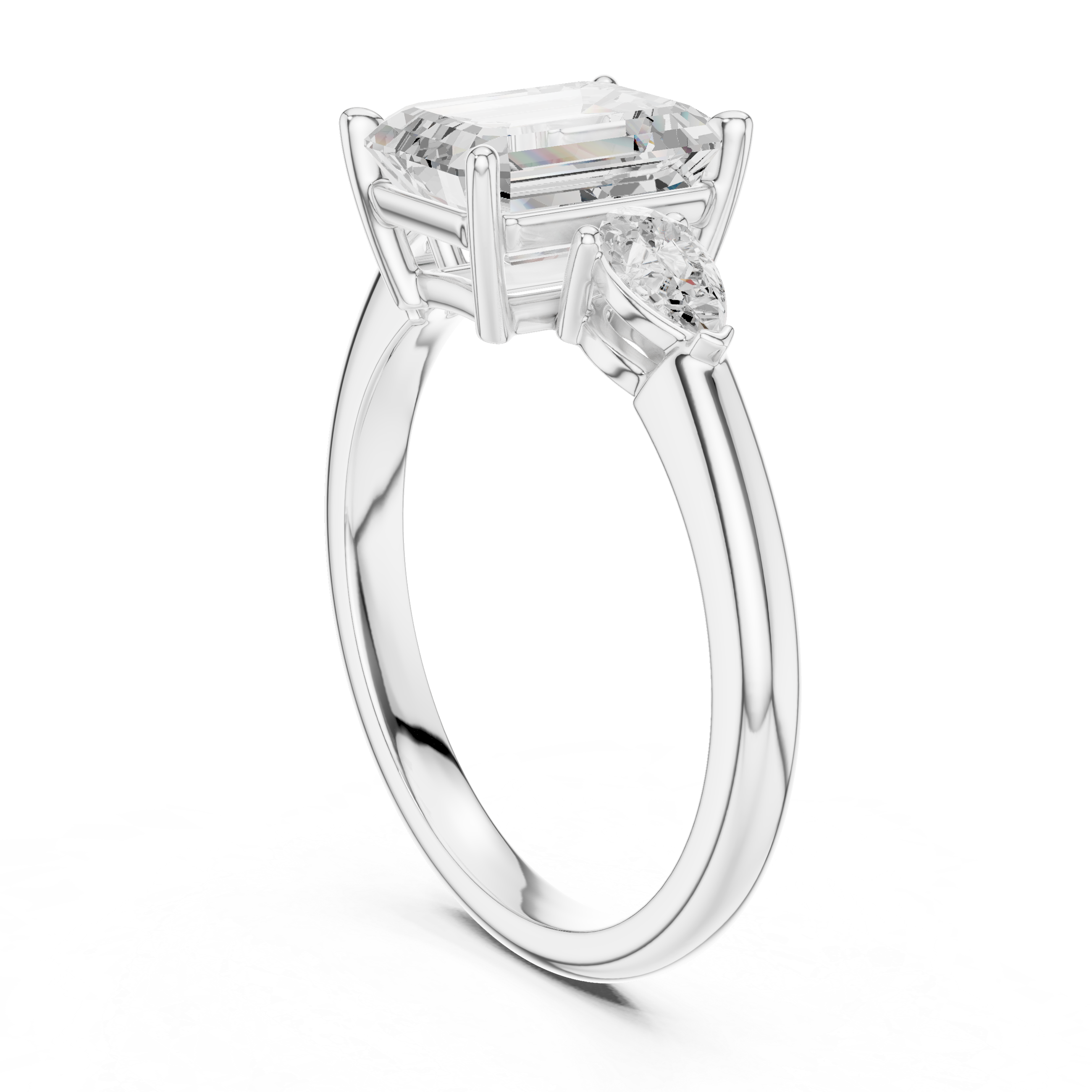 Emerald Cut Diamond Three Stone Ring with Pear Side Diamonds