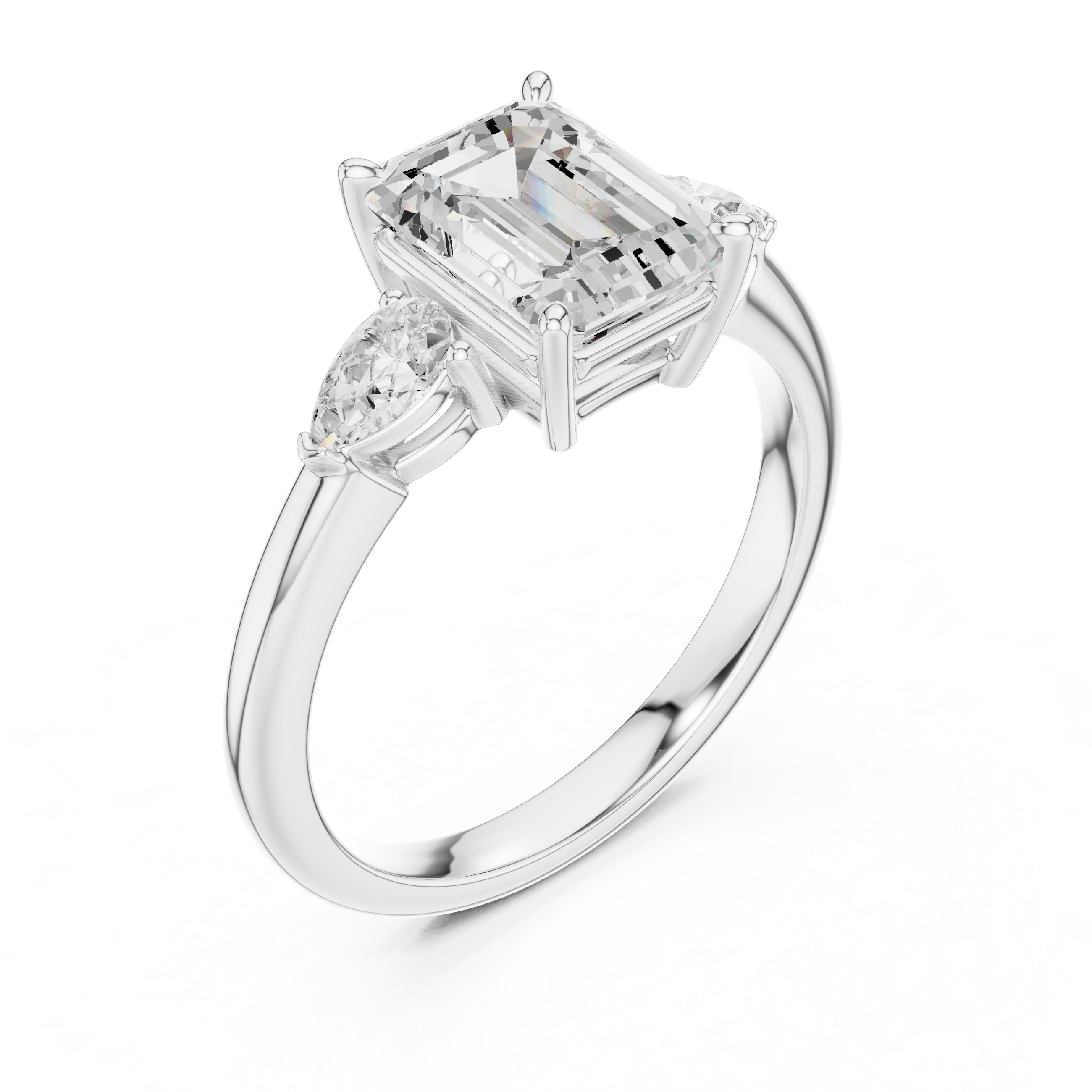 Emerald Cut Diamond Three Stone Ring with Pear Side Diamonds