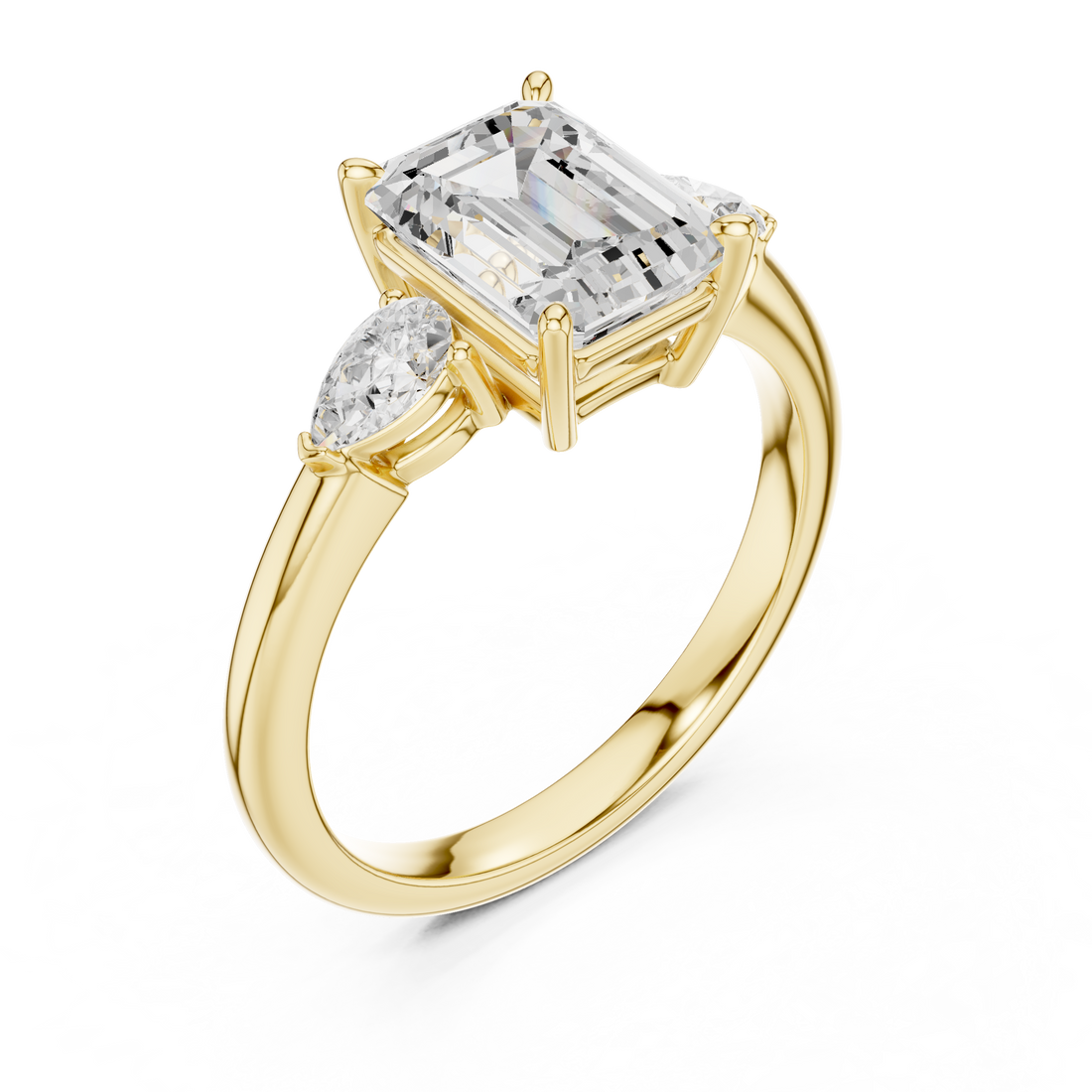 Emerald Cut Diamond Three Stone Ring with Pear Side Diamonds