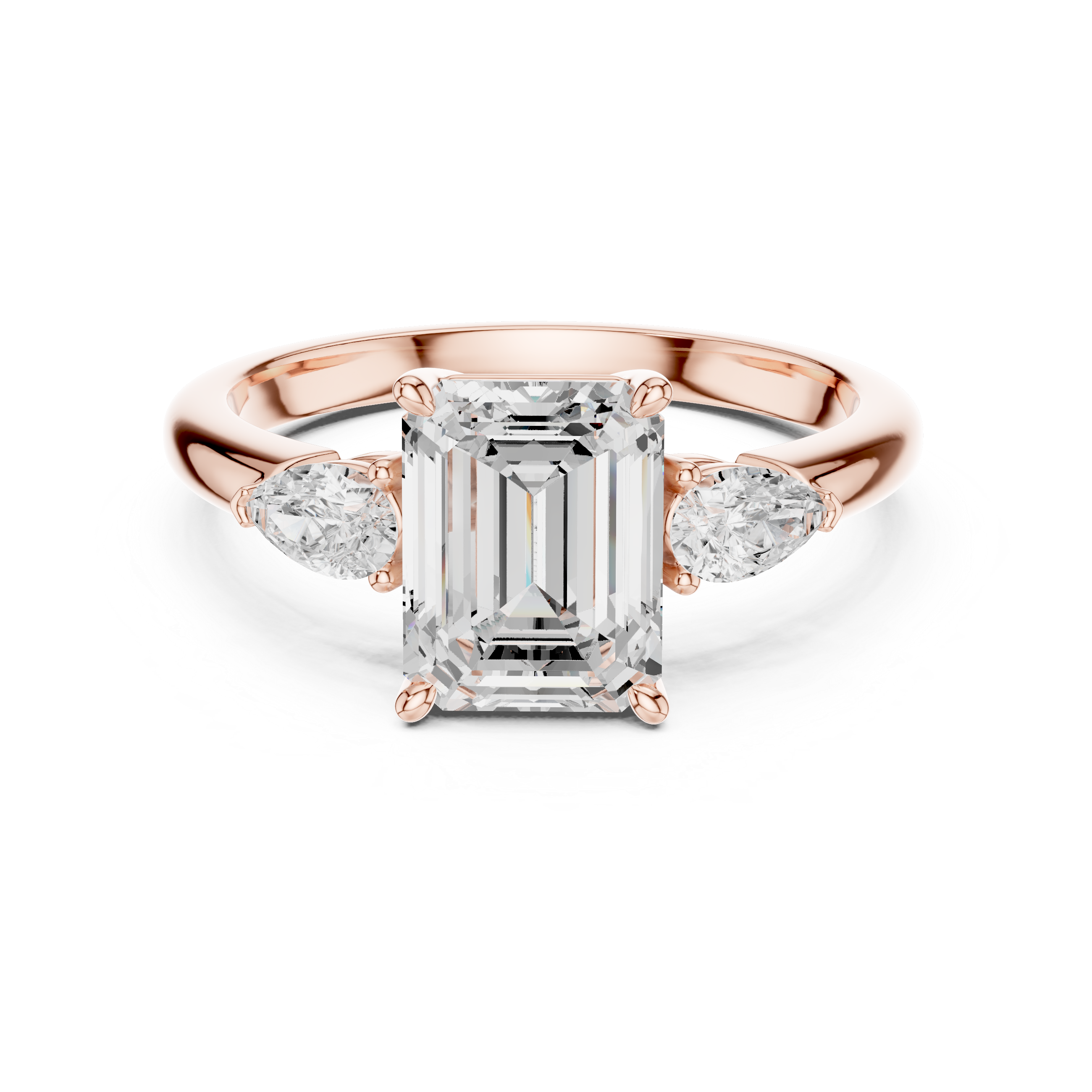 Emerald Cut Diamond Three Stone Ring with Pear Side Diamonds