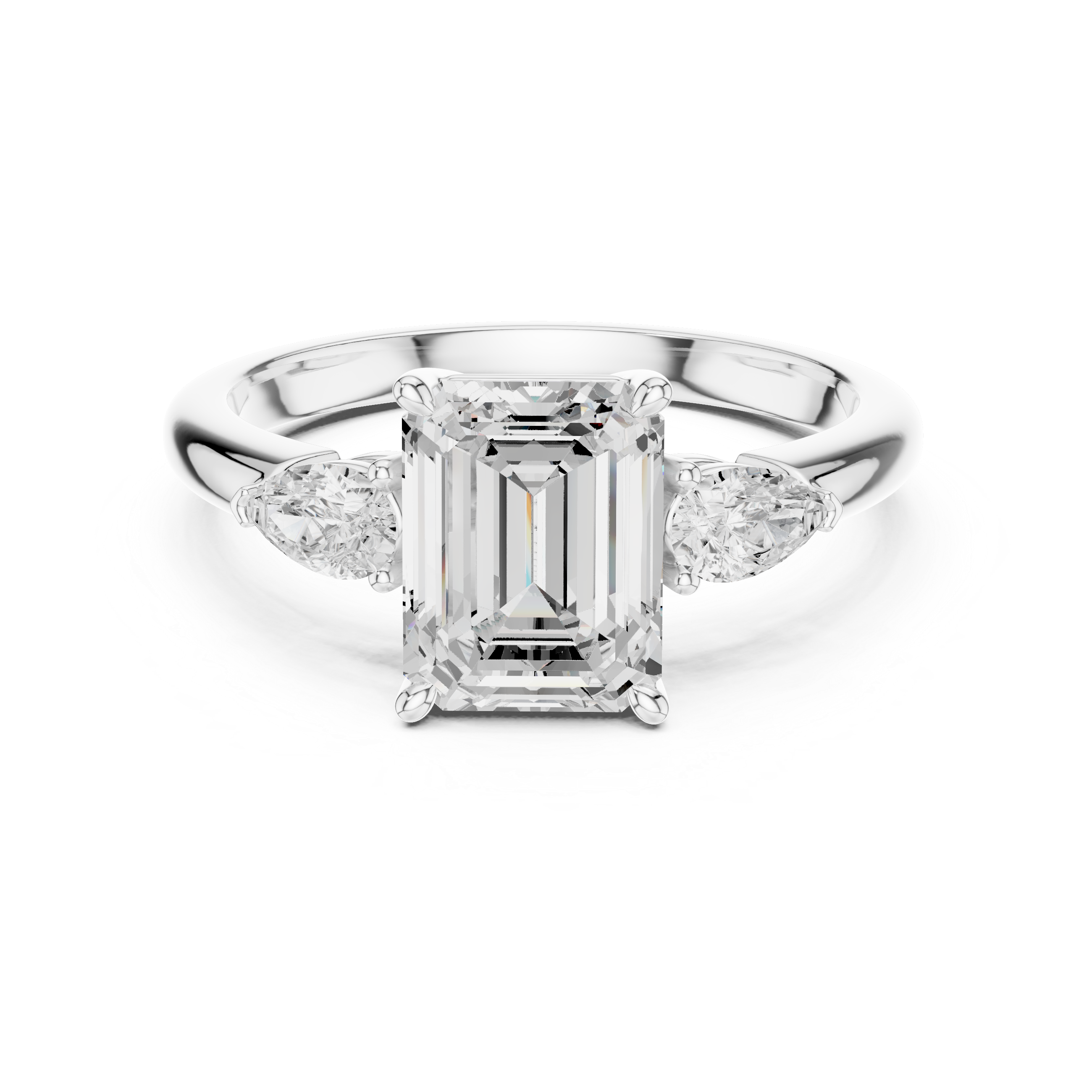 Emerald Cut Diamond Three Stone Ring with Pear Side Diamonds