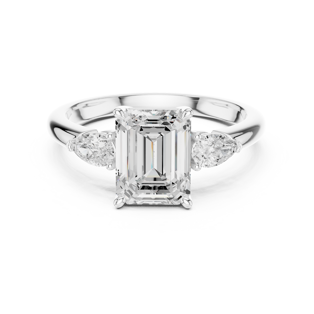 Emerald Cut Diamond Three Stone Ring with Pear Side Diamonds