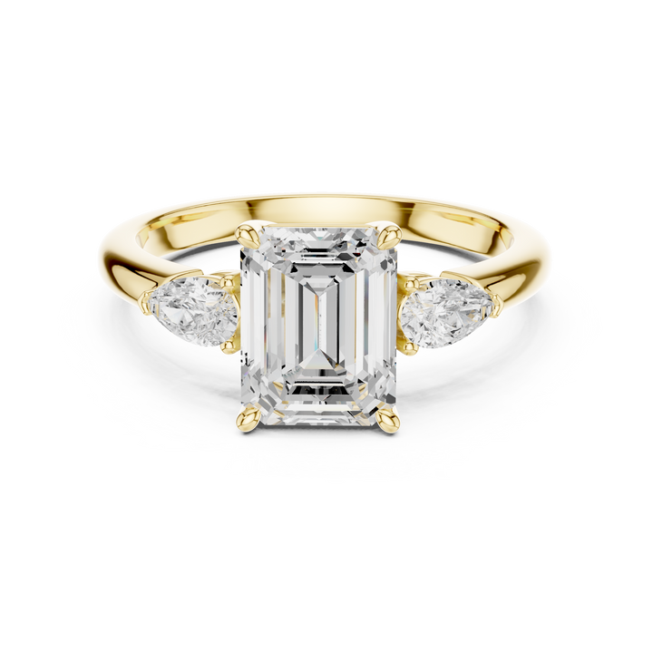 Emerald Cut Diamond Three Stone Ring with Pear Side Diamonds