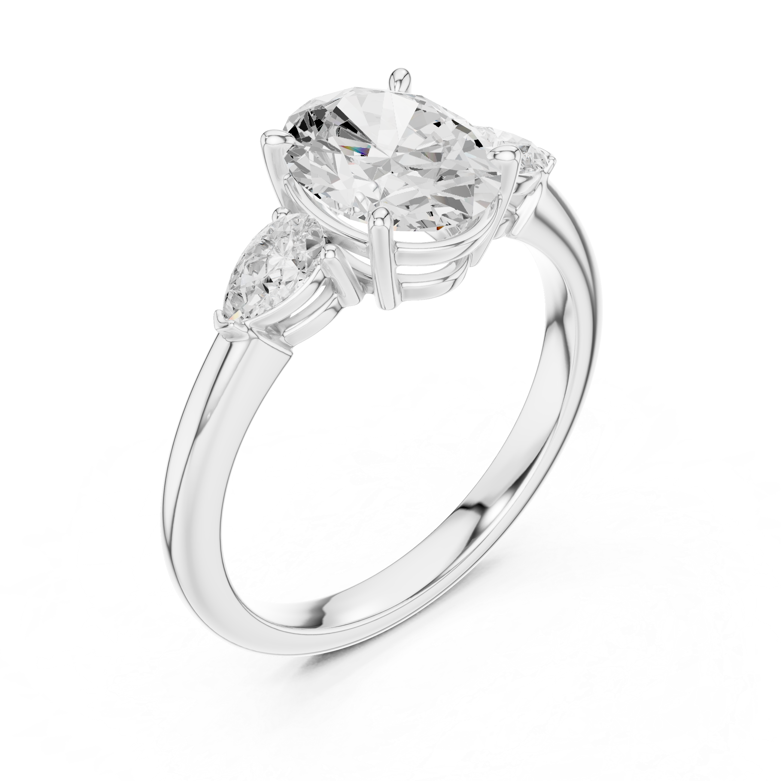 Oval Cut Diamond Three Stone Engagement Ring with Pear Side Diamonds