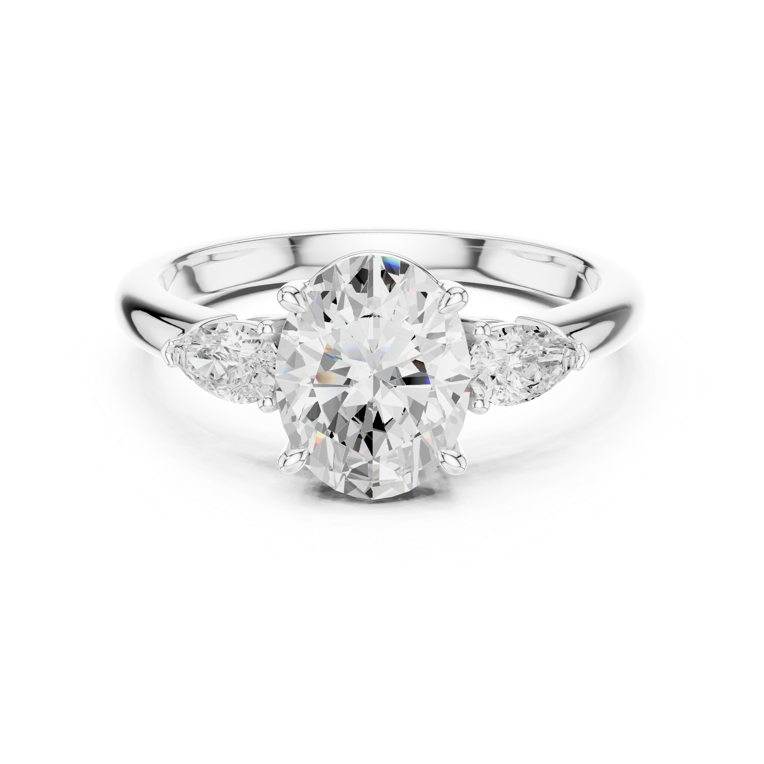 Oval Cut Diamond Three Stone Engagement Ring with Pear Side Diamonds