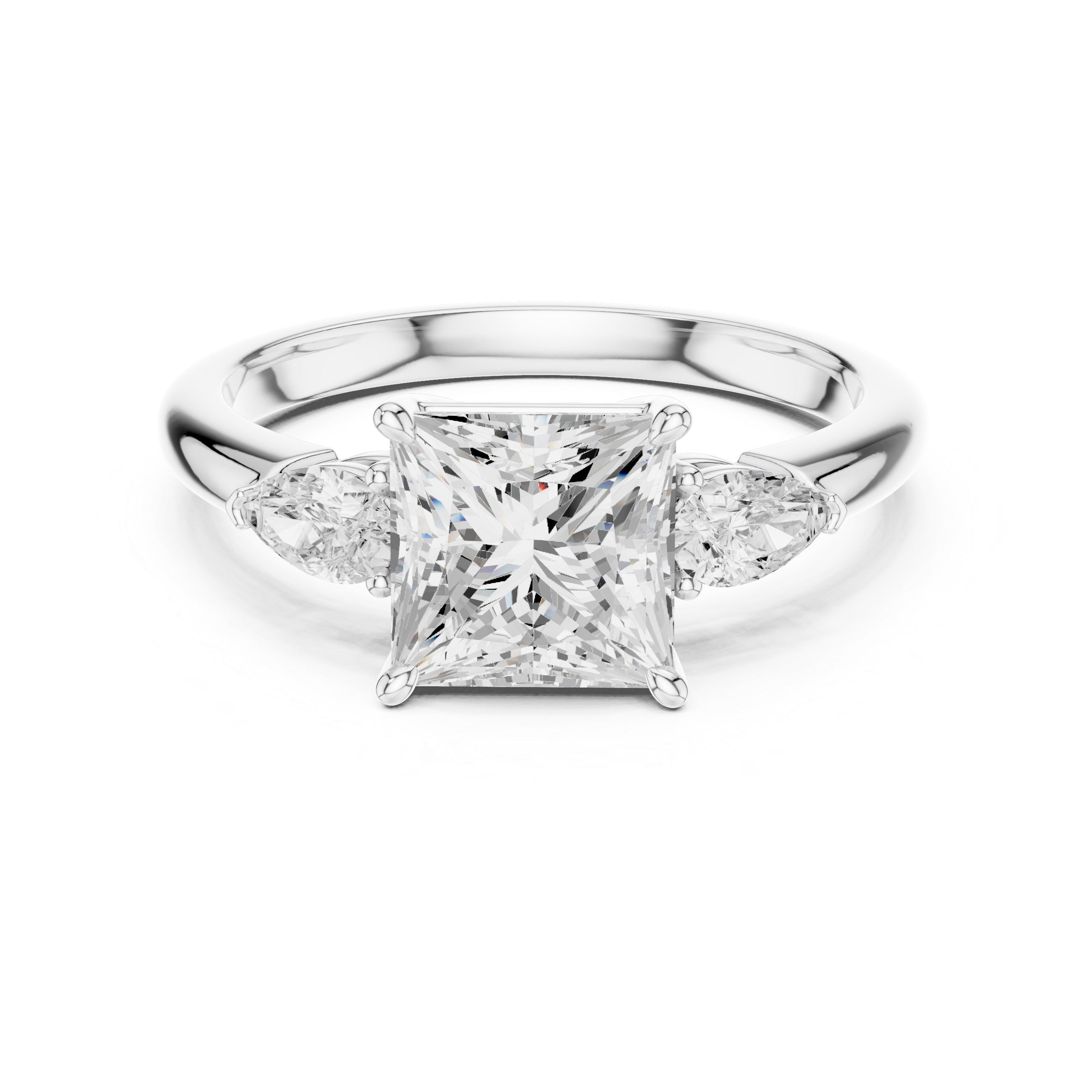 Princess Cut Diamond Three Stone Engagement Ring with Pear Side Diamonds