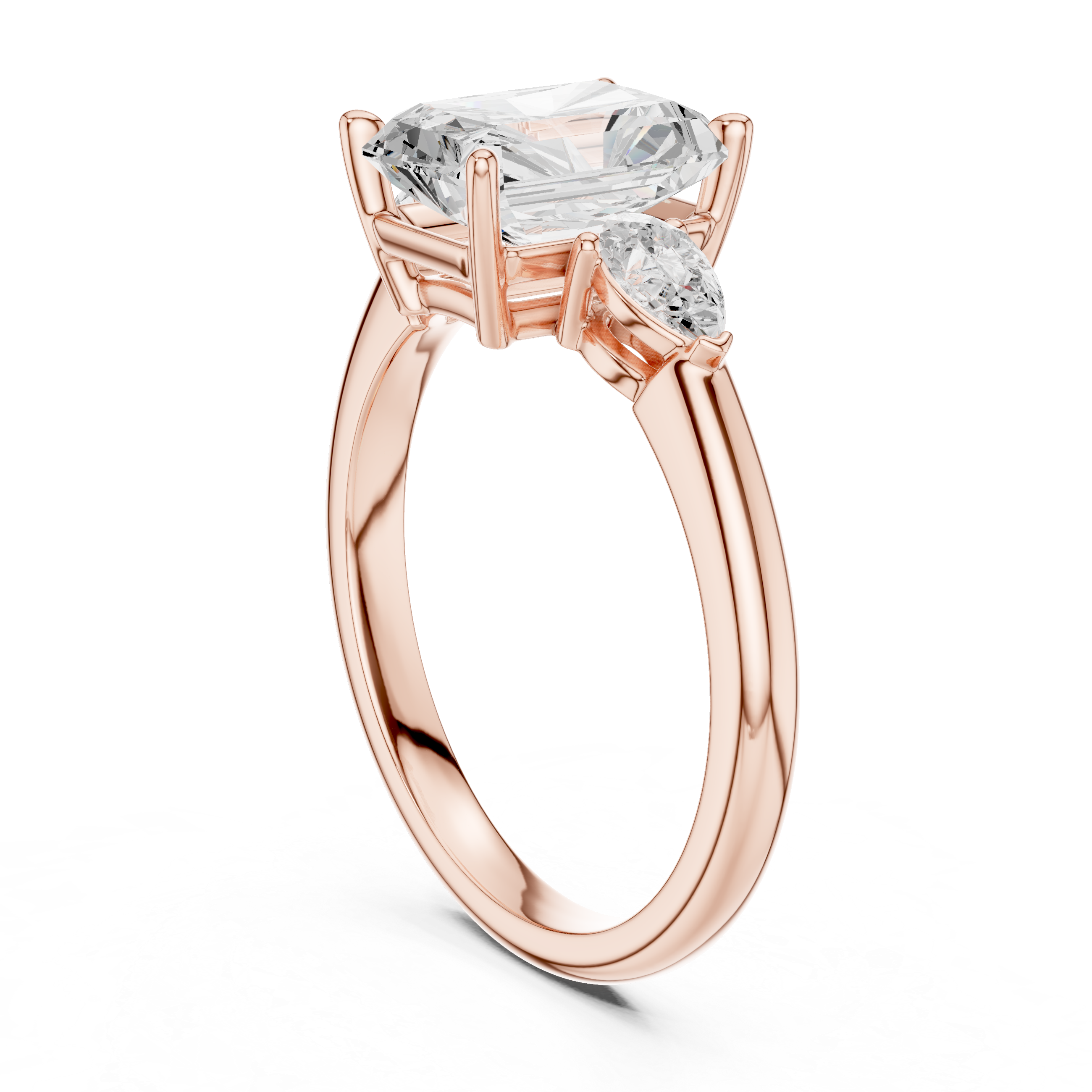 Radiant Cut Diamond Three Stone Ring with Pear Side Diamonds