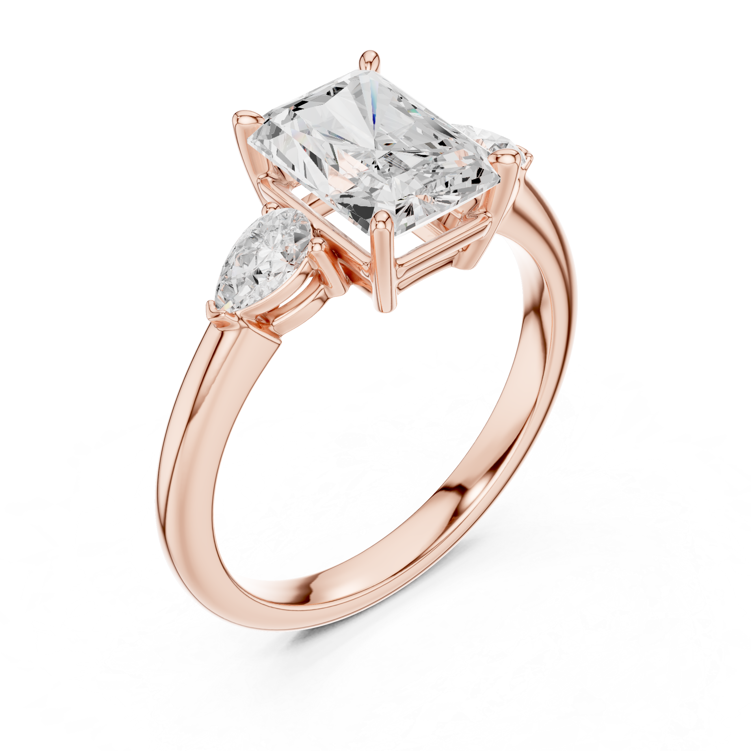 Radiant Cut Diamond Three Stone Ring with Pear Side Diamonds