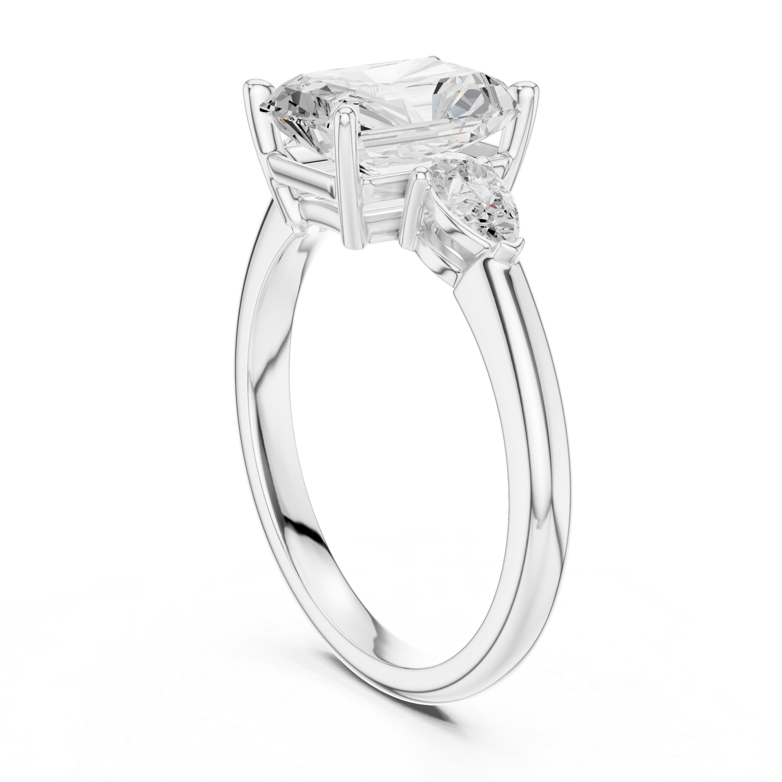 Radiant Cut Diamond Three Stone Ring with Pear Side Diamonds