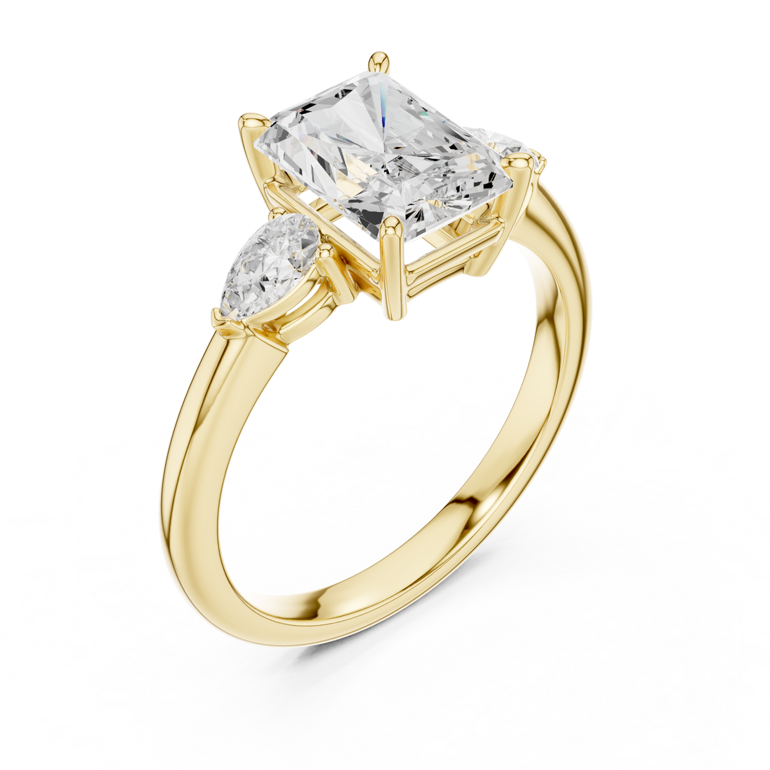 Radiant Cut Diamond Three Stone Ring with Pear Side Diamonds