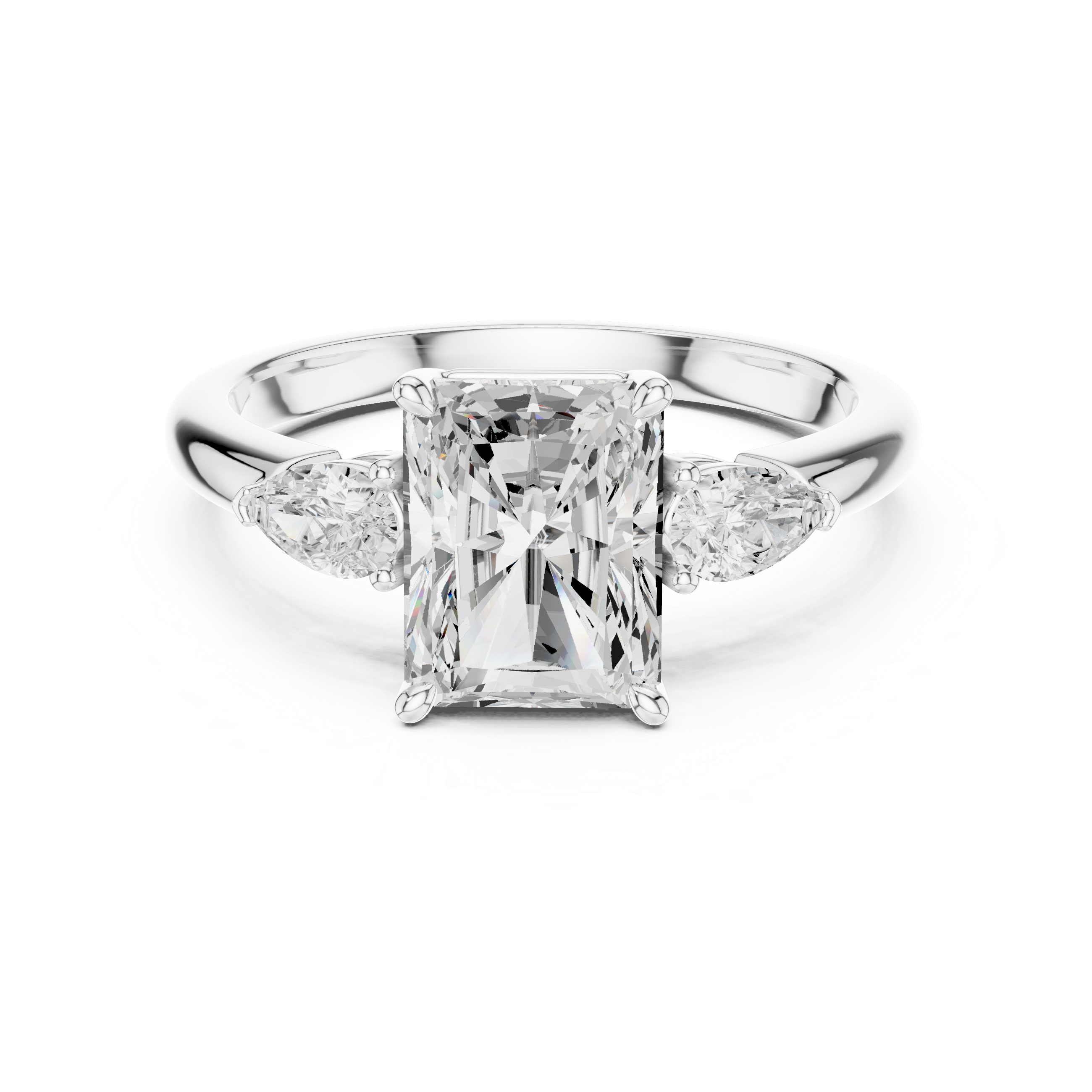 Radiant Cut Diamond Three Stone Ring with Pear Side Diamonds